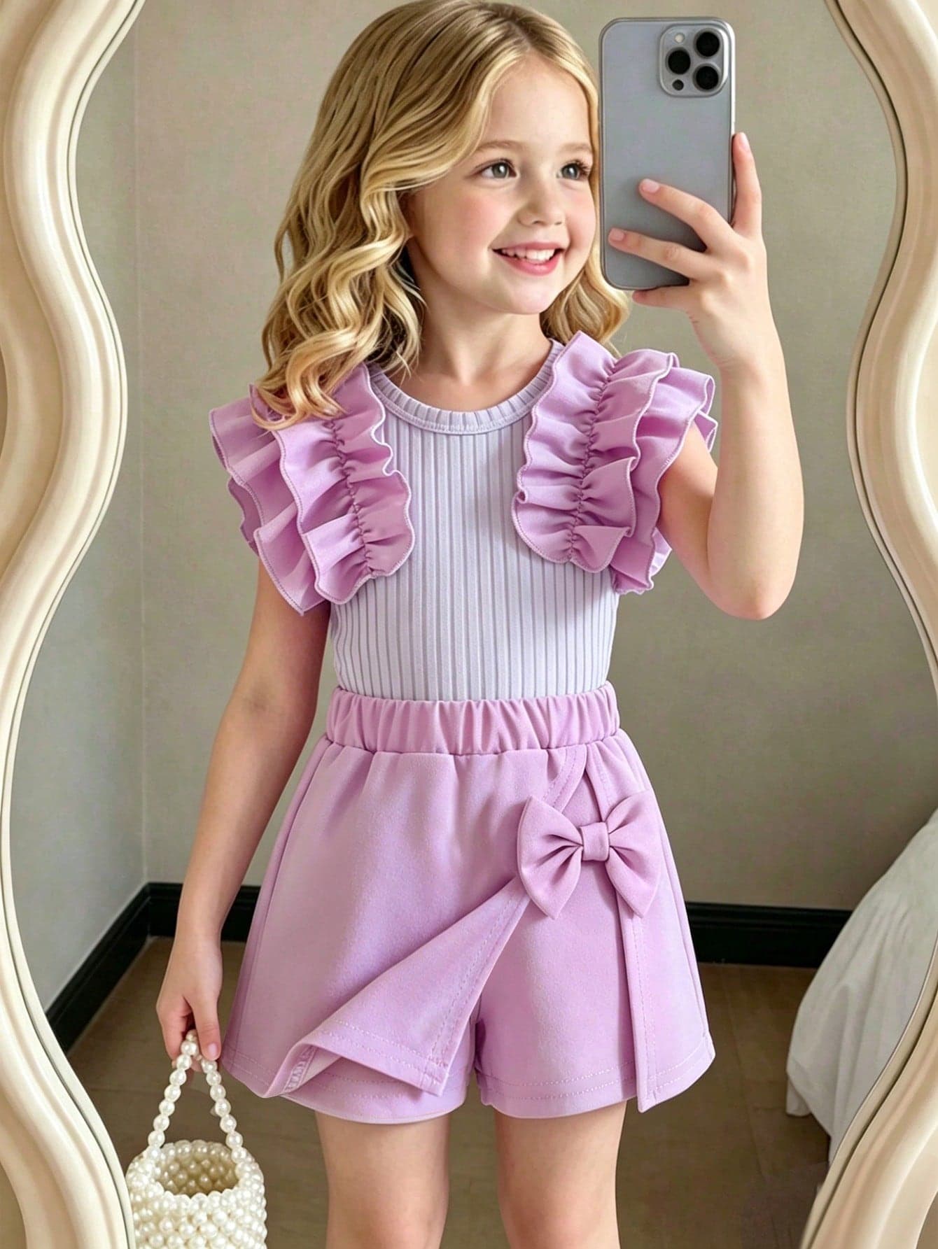 Elladie kids 2pcs Baby Girls' Ribbed Ruffle Trim Sleeveless Top And Solid Bow Skirt Shorts Set, Casual Cute Summer Outfit 2nd Birthday Lavender Purple
