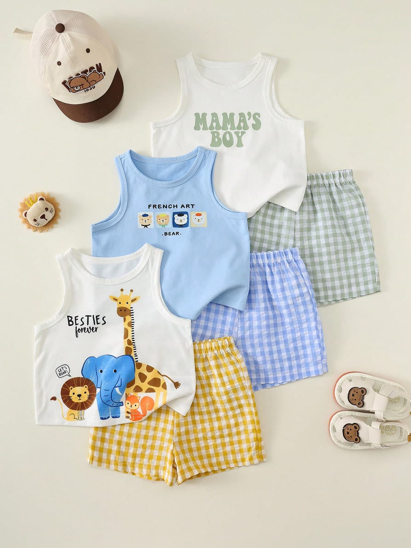SHEIN 6pcs/Set Baby Boy Summer Casual White Cute Beach Outfits,Cartoon Bear Animal Print Tops/Vests,Plaid & Solid Shorts,3 Sets Infant & Toddler Multi-Piece