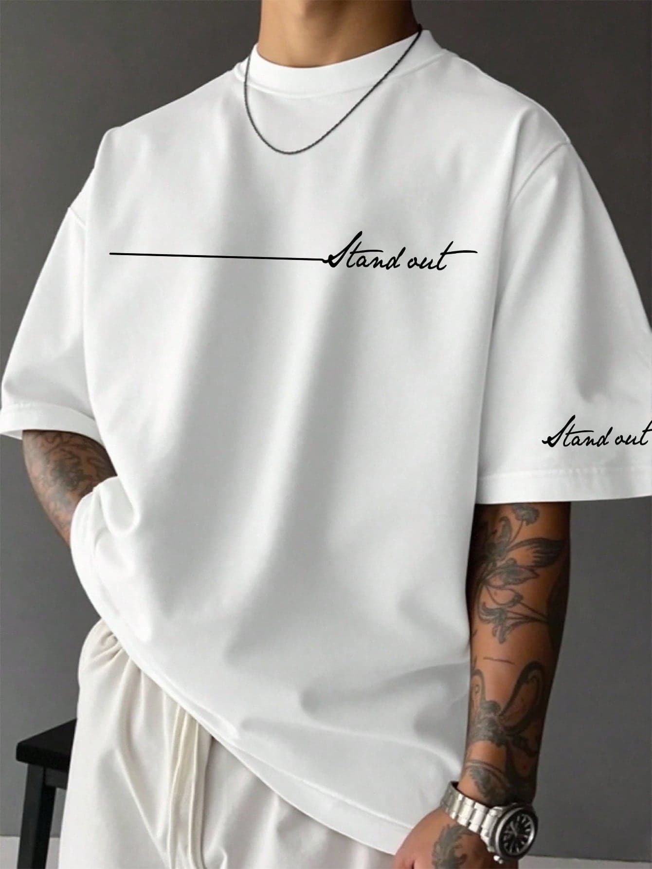 Manfinity EMRG Men's White Cursive Script Letter Print T-Shirt,Summer Casual Streetwear City Break Y2K Vintage Minimalist Loose Fit Oversized Crew Neck Short Sleeve