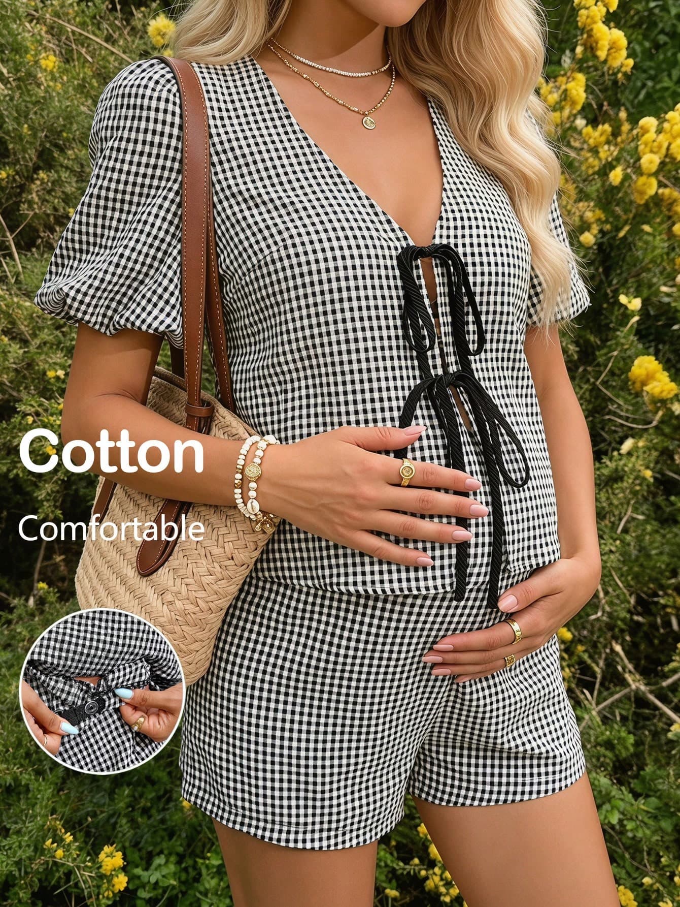 Lyckli Maternity Plaid Puff Sleeve Tie Front Shirt And Shorts Casual 2 Pieces Set Photoshoot Summer