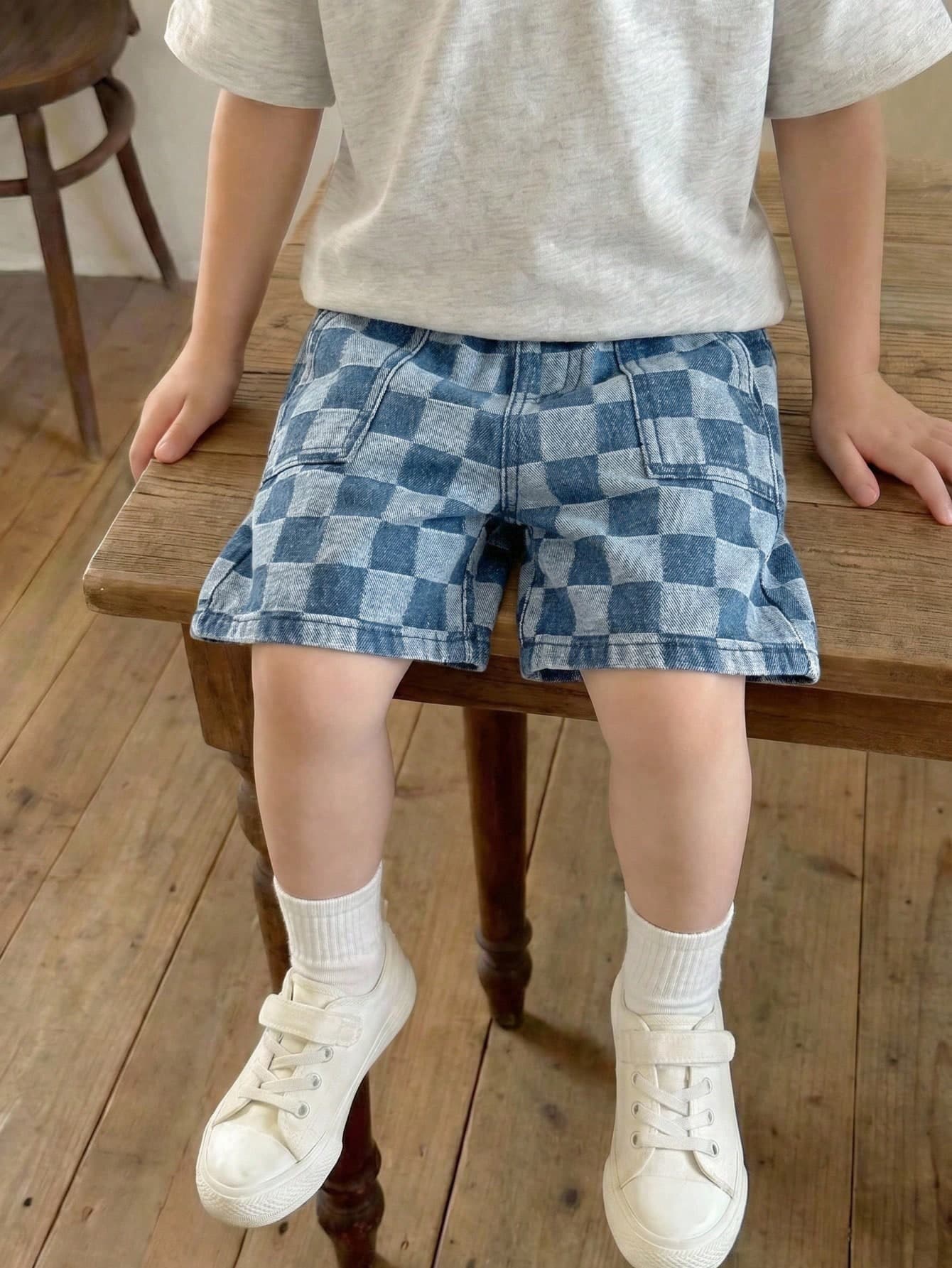 LMoss Kids Young BoyCheckered Blue Denim Loose Shorts