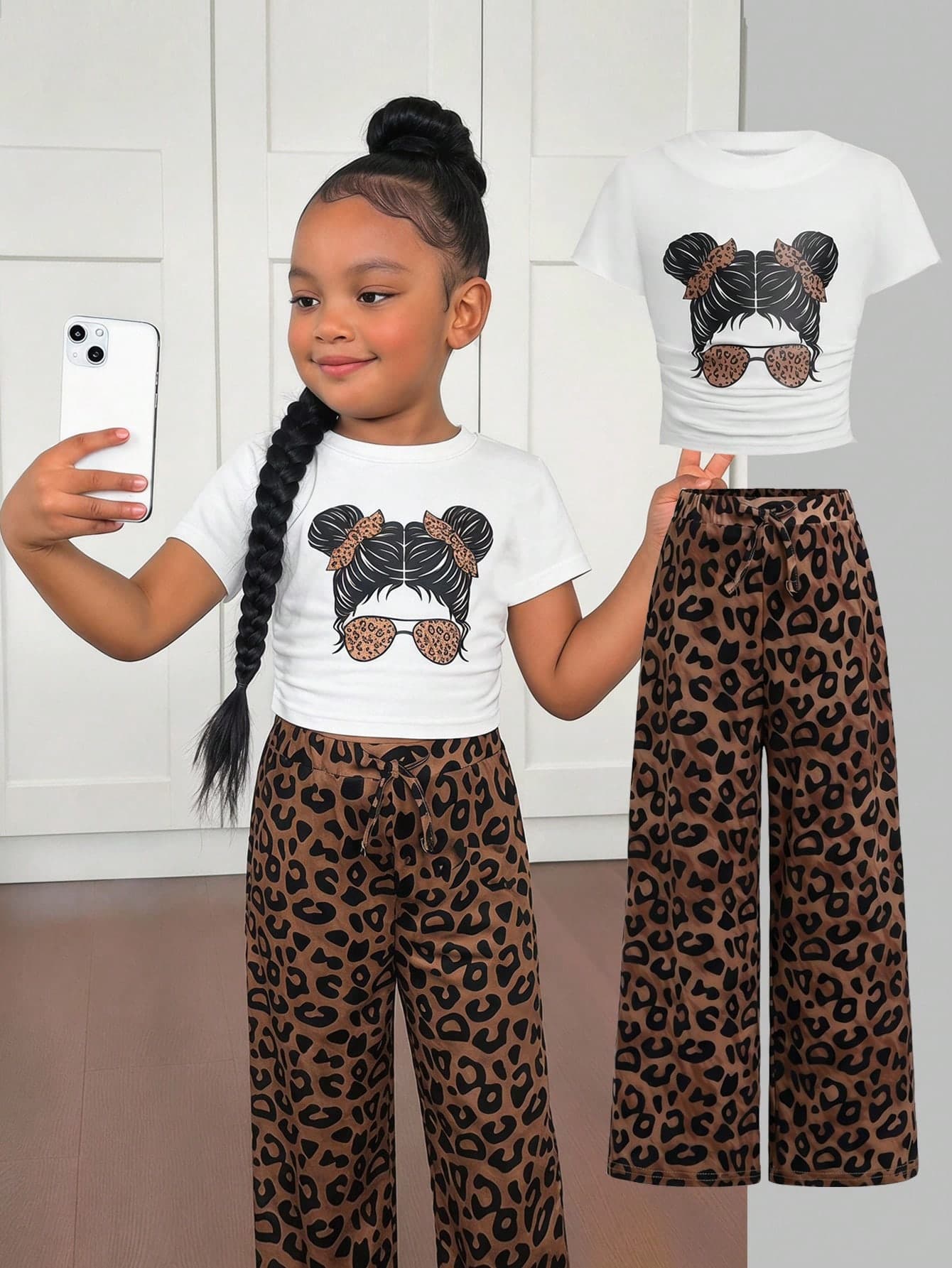 Young Girl Casual Vacation Printed Knit Ruched Short Sleeve Top And Matching Leopard Print Pants Set,Girls Spring/Summer