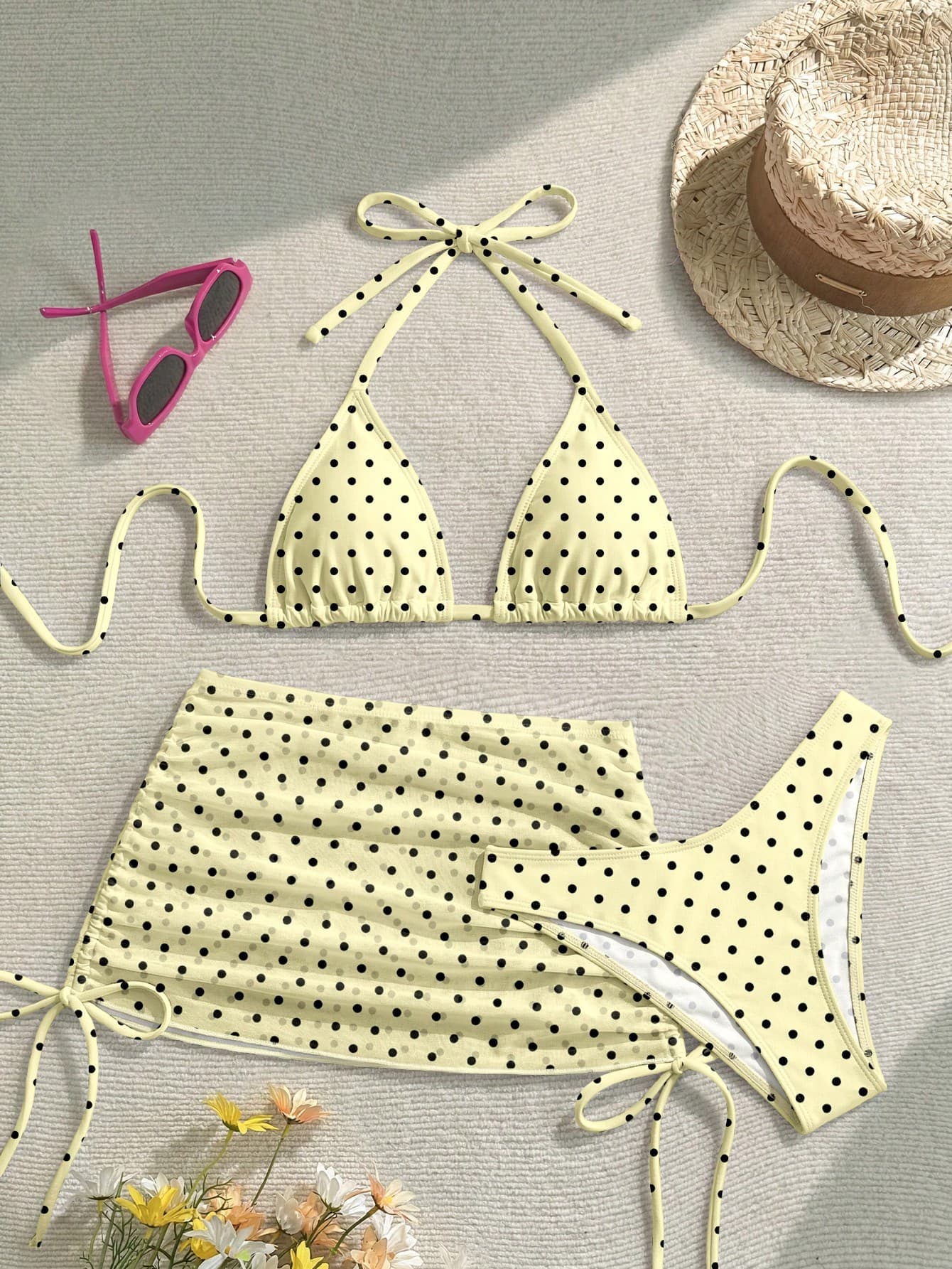 Soleia Women's 3 Pieces Retro Polka Dot Print Swimsuit Set,Yellow,Summer,Cute,Beach Party,Holiday,Holiday,Contrast Color Bikini With Skirt,Elegant Casual