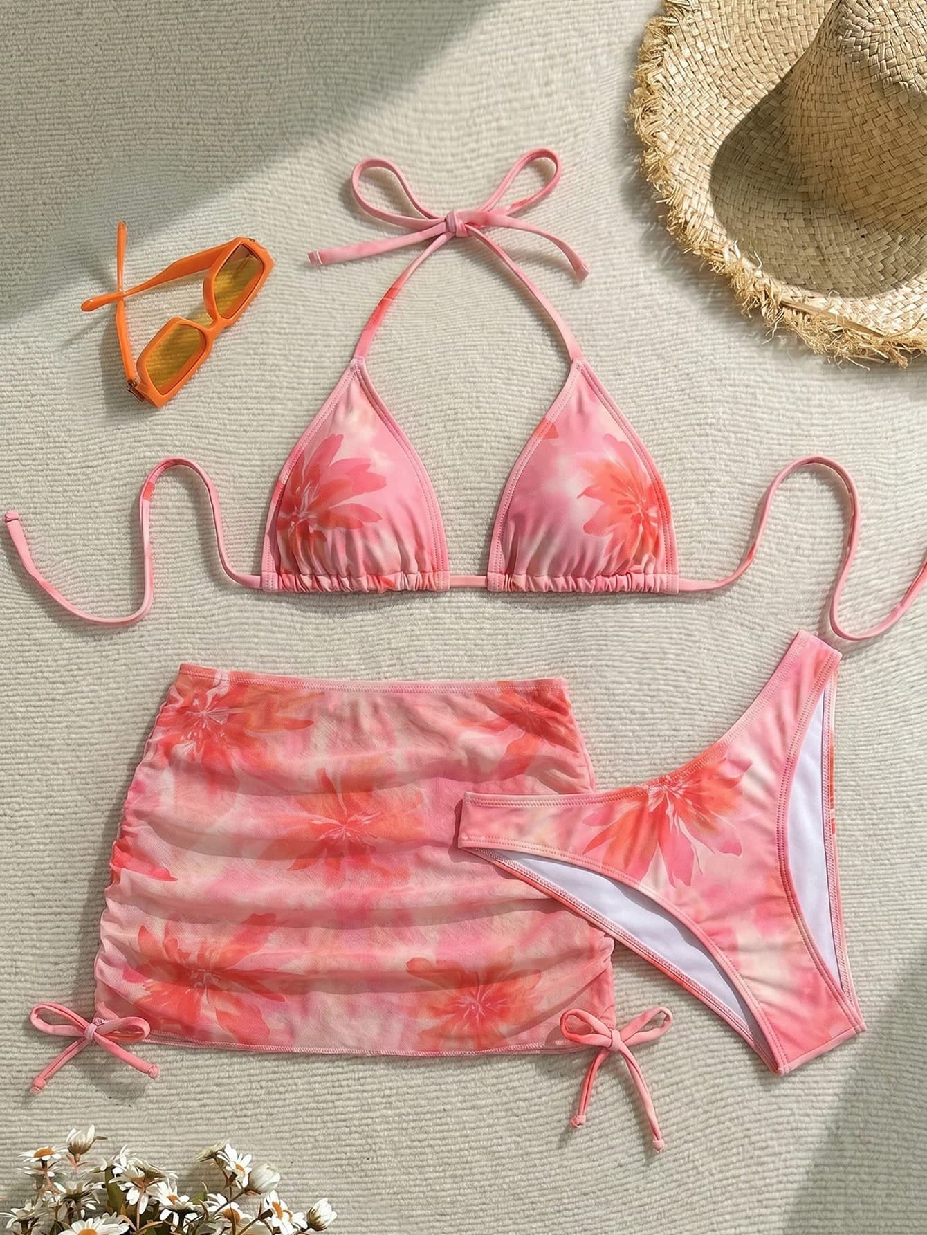 Soleia Women's Floral Print Vacation Beach Halter Bikini Set And Cover-Up Skirt