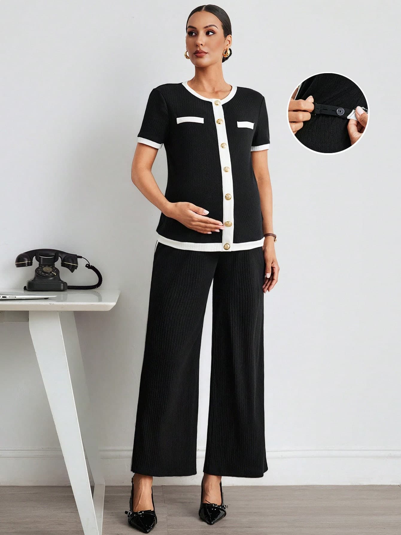 MaterniWear Maternity Work Photoshoot Clothes 2pcs Color Block Round Neck Short Sleeve Top And Adjustable Waist Casual Formal Elegant Pants Black Summer