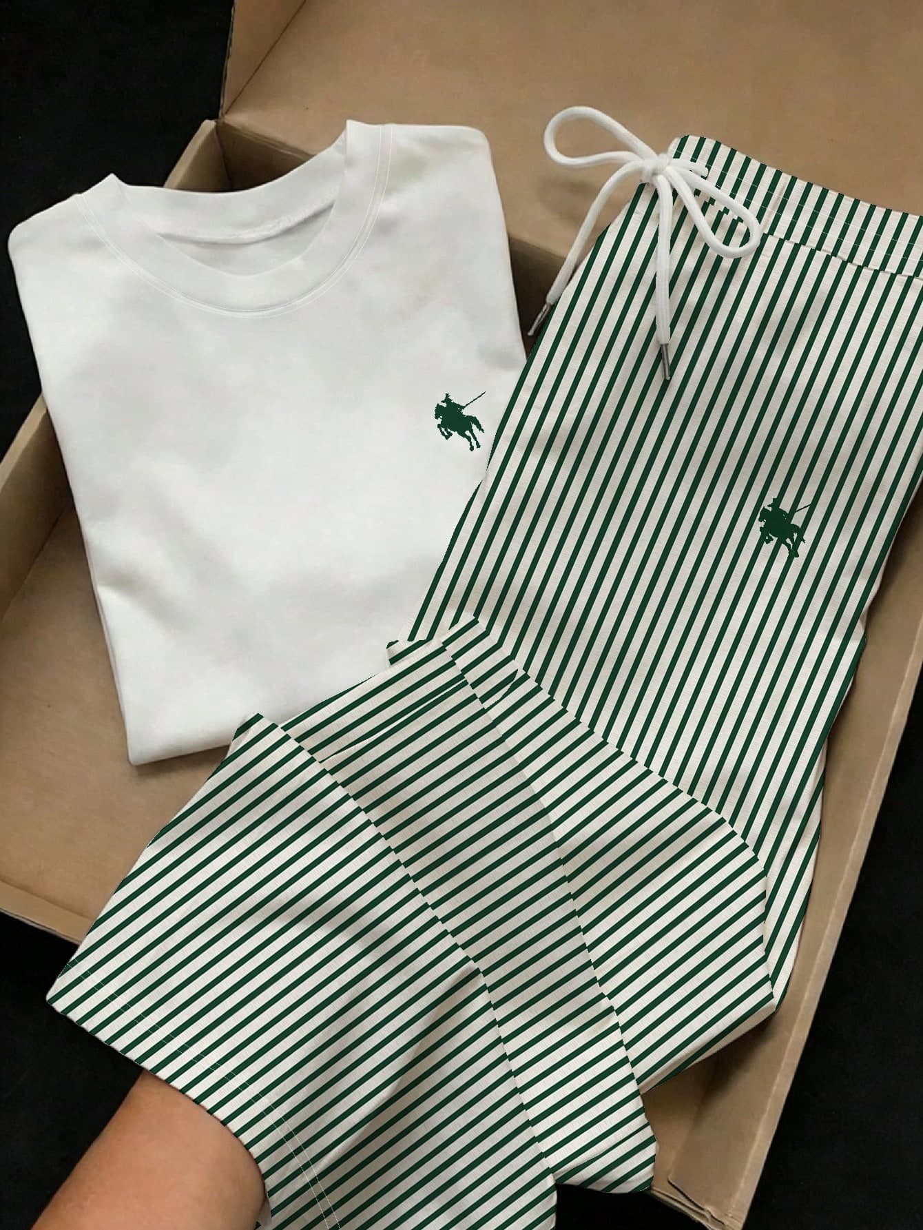Comfortcana 2pcs Set Embroidered Round Neck Short Sleeve Top And Striped Print Pants, Casual