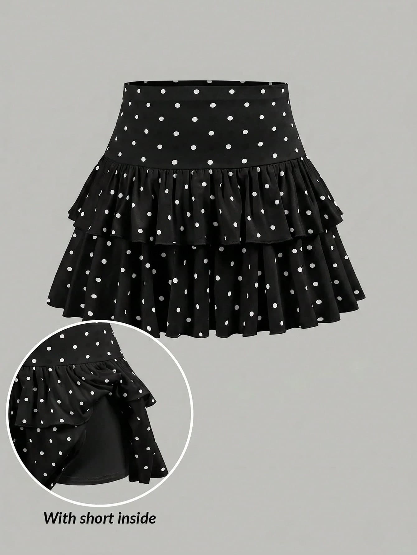 Girlism Tween Girls Skirts Yoga Leggings Casual Cute Sports School Back-To-School Black And White Polka Dot Underskirt Double-Layer Ruffle Hem Skater Skirt