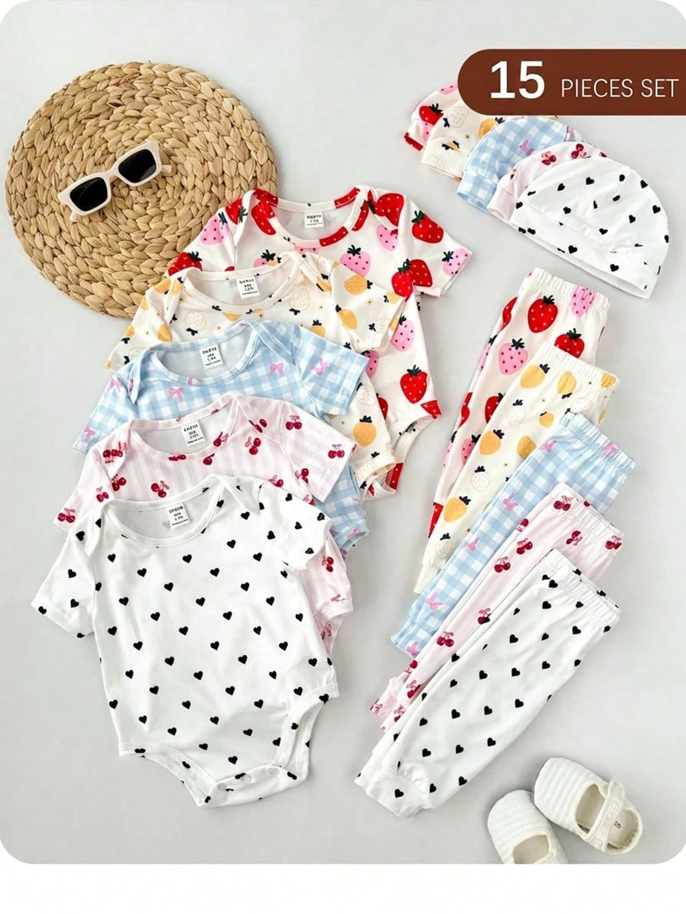15-Piece Newborn Girl Casual Cute Knitted Striped Strawberry Print Short-Sleeve Romper And Hat Set (Cartoon Style)