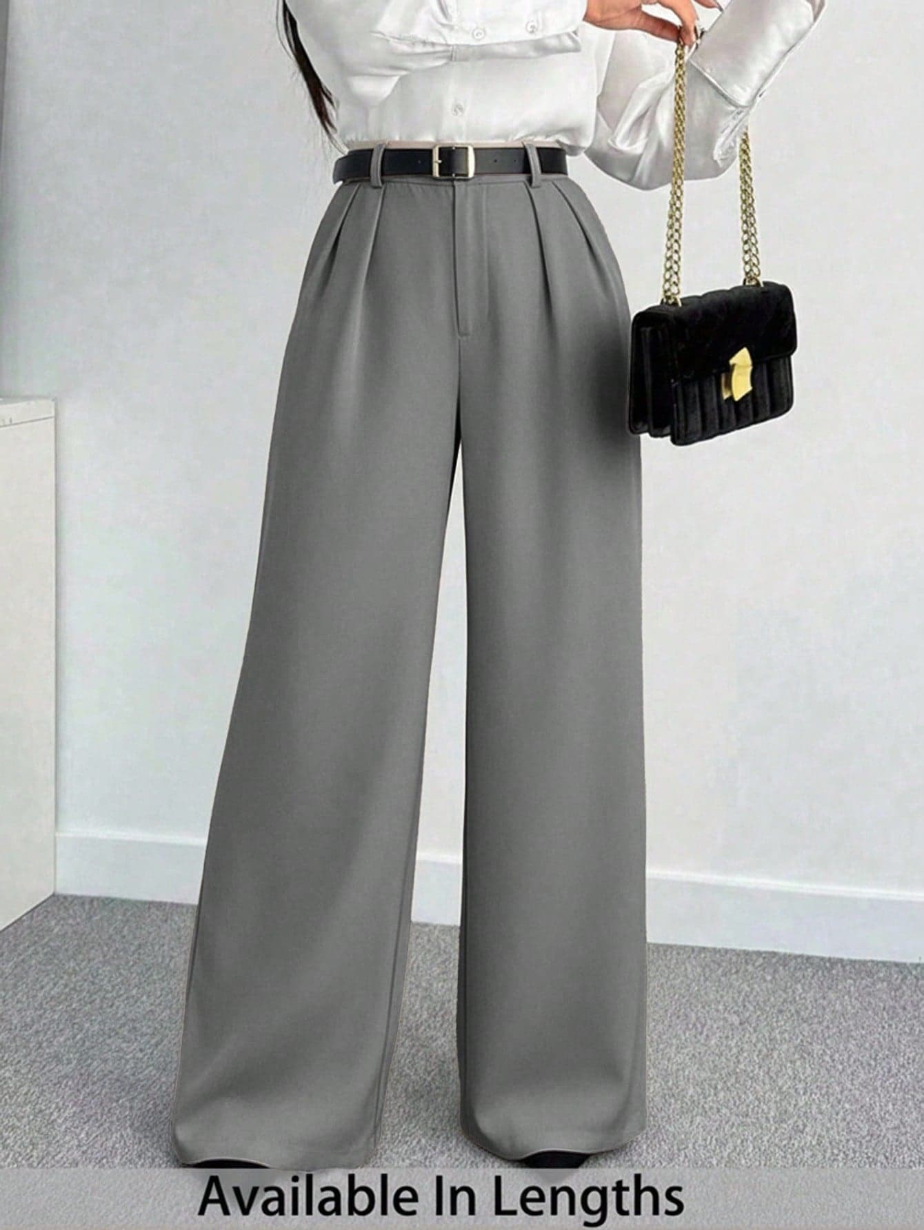 SHEIN Tall CURVE Plus Size Women's Solid Color Pleated Casual Elegant Versatile Commute Formal Wide Leg Pants Office Gym Grey Autumn Teachers' Day