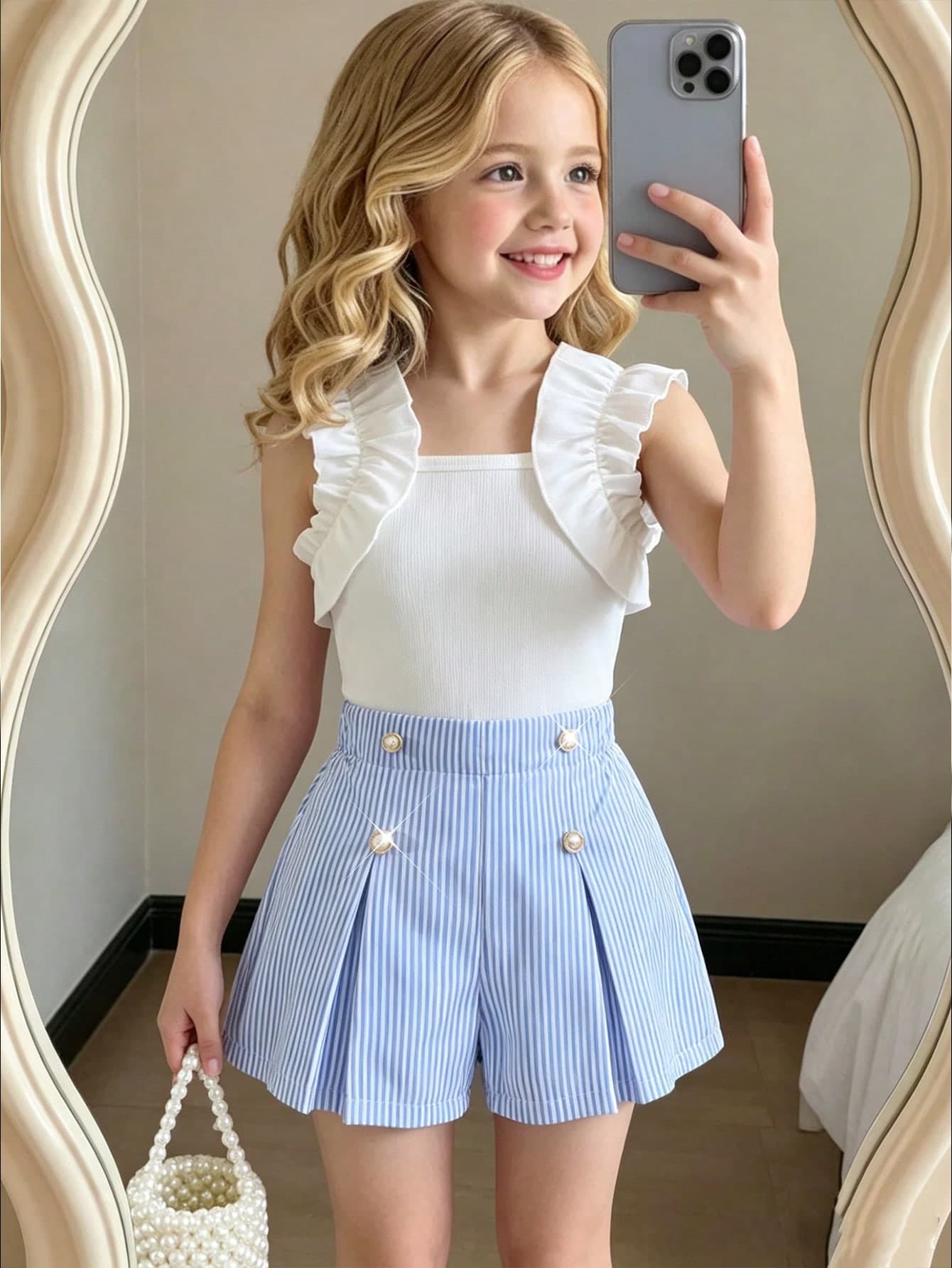 Young Girl Ruffled Sleeveless T-Shirt And Striped Print Pleated Shorts 2-Piece Set, Summer