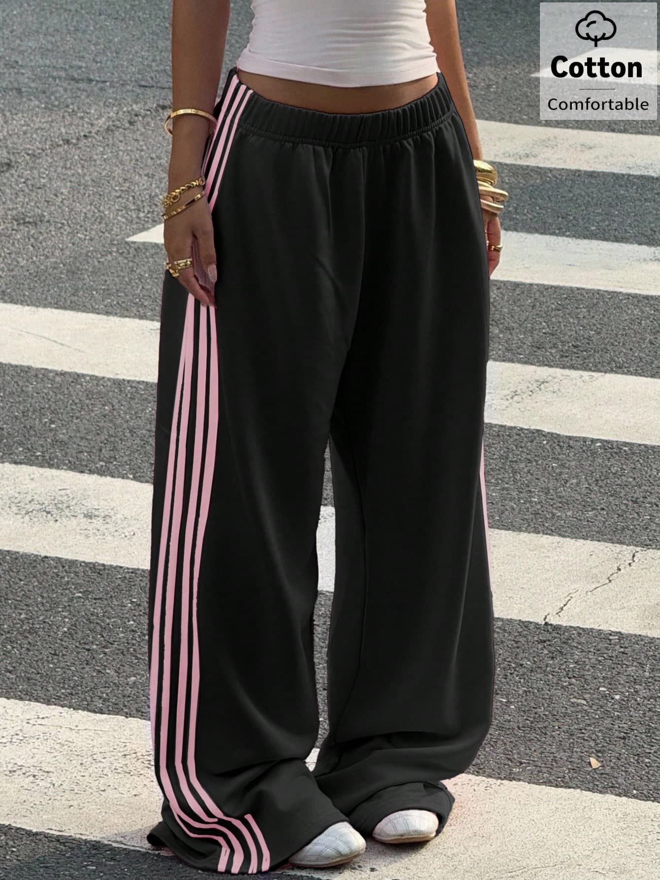 Muchica Women's Black Knit Casual Sweatpants With Elastic Waistband And Striped Paneling; Women's Black Side-Striped Pink Patterned Elastic Waistband Casual Loose Sweatpants, Winter Clothing, Christmas, Y2K New Year Casual Outdoor Sweatpants.