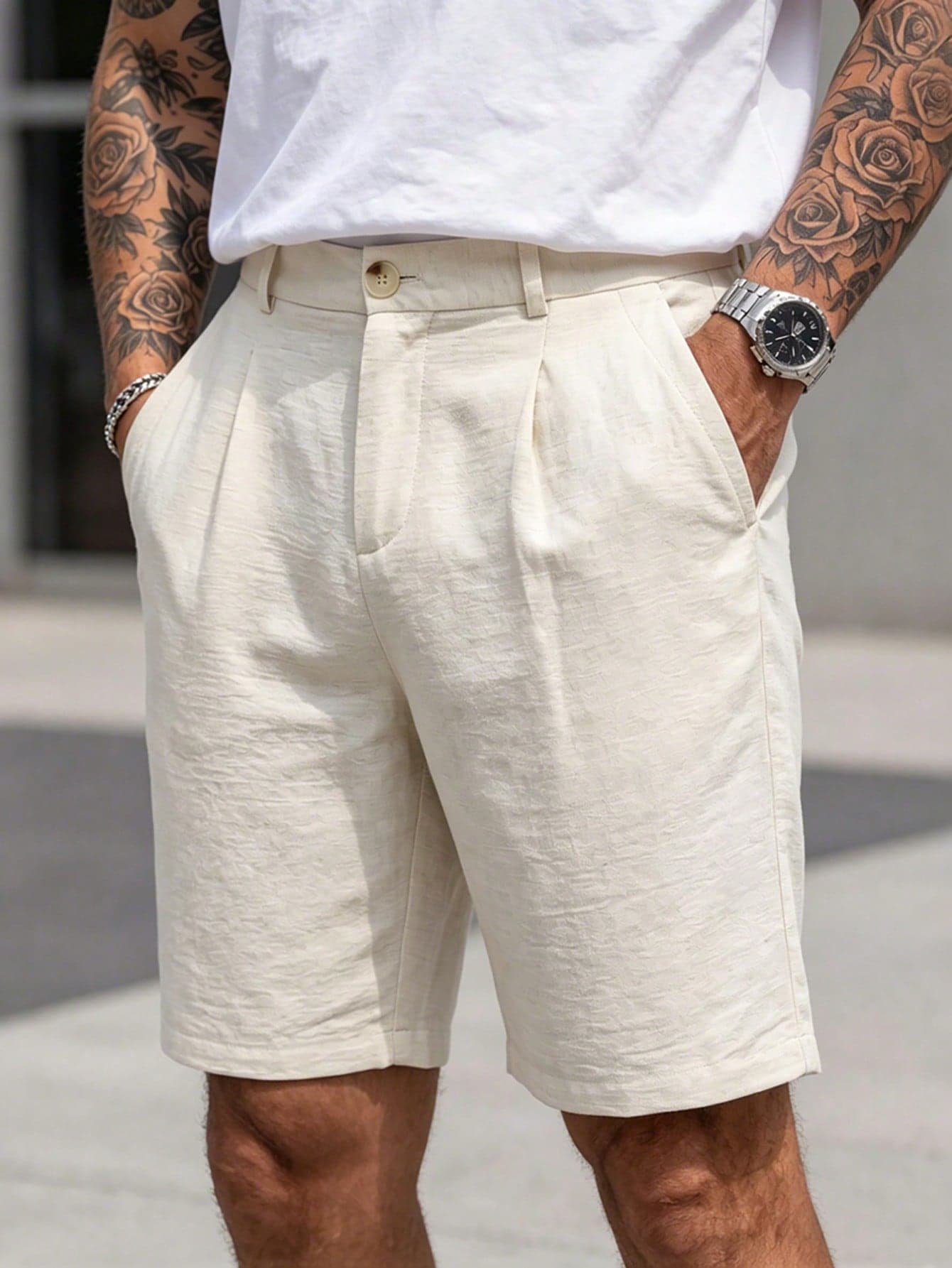 Manfinity CasualCool Men's Casual Slant Pocket Shorts Linen Loose Knee Cool Lucky Solid Color Summer Basic, Bermudas For Men.A Great Gift A Boyfriend Or Husband, Holiday