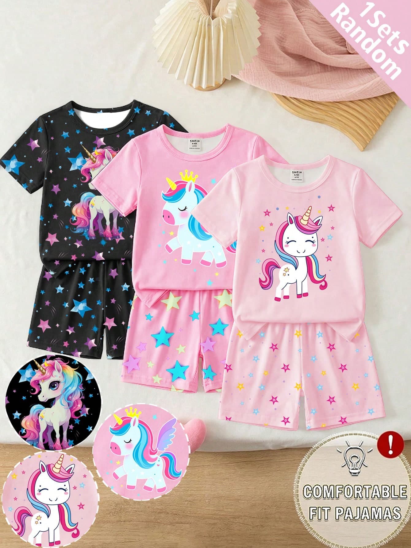 3pcs/Set Random Young Girls Cartoon Unicorn Print Tight Fit Short Sleeve Shorts Pajama Sets, Glow-In-The-Dark Under UV Light, Spring/Summer