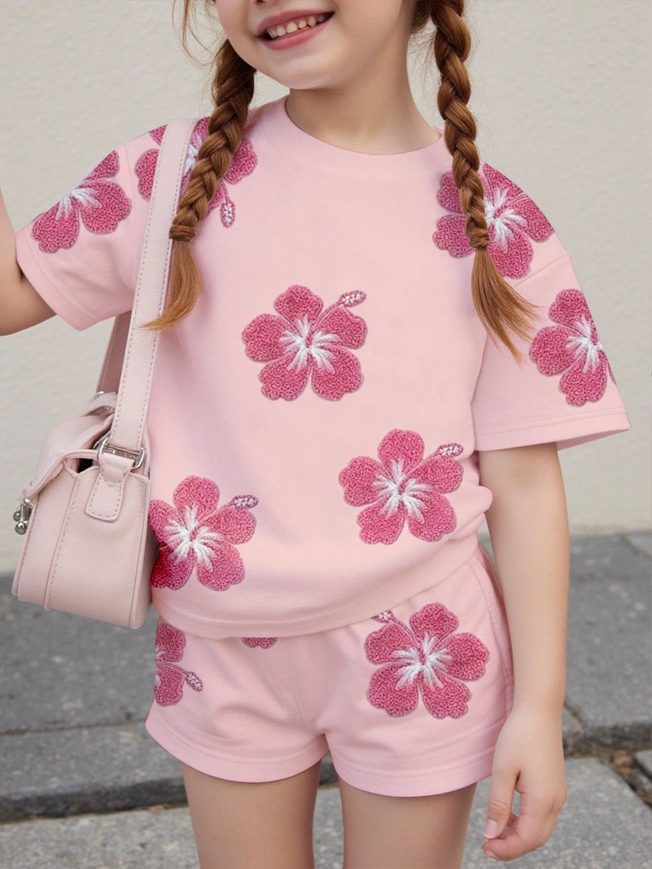 Souflis Souflis 2pcs/Set Toddler Girls' Cartoon Floral Princess T-Shirt And Shorts Set, Sweet & Cute, Comfortable & Versatile, Suitable For Summer Outings,