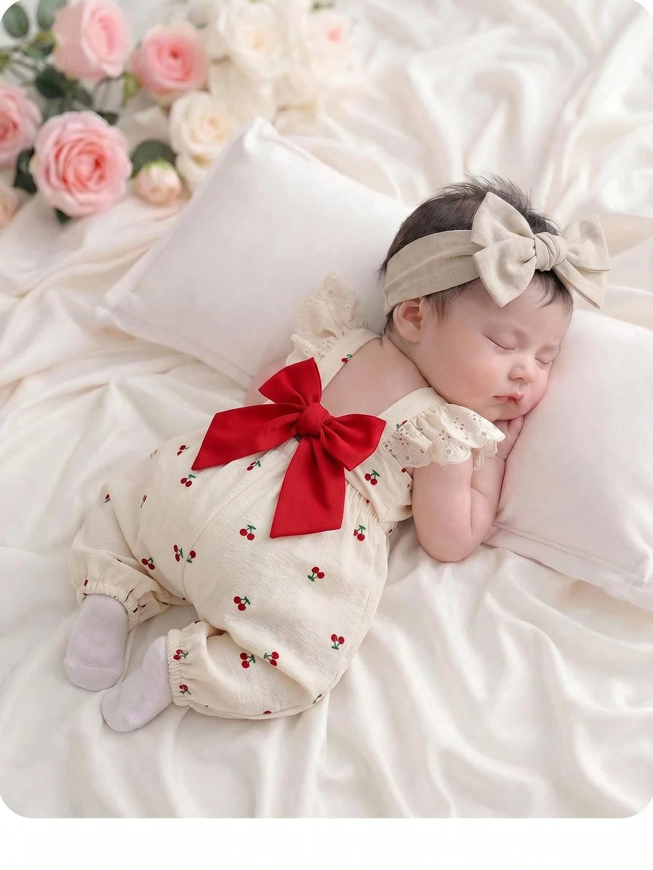 Newborn Baby Girl Cute Casual Versatile Apricot Bow Tie Romper With Flutter Sleeves