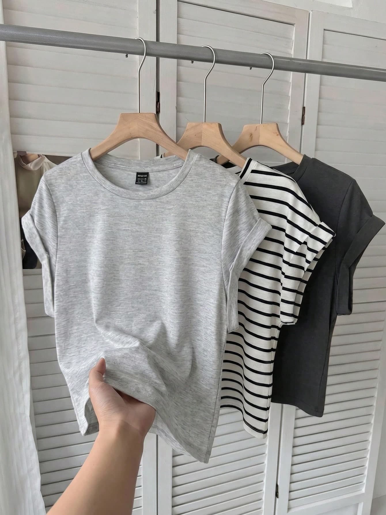 SHEIN LUNE 3pcs/Set Women Casual Round Neck Drop Shoulder Short T-Shirts, Suitable For Spring & Summer