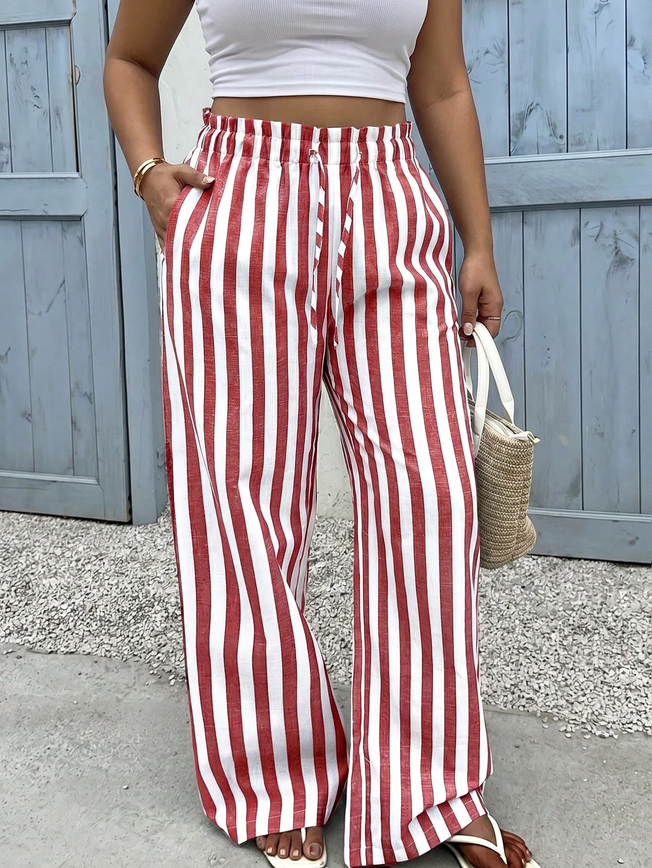SHEIN EZwear Red & White Plus Size Elastic Waist Drawstring Casual Loose Pants
