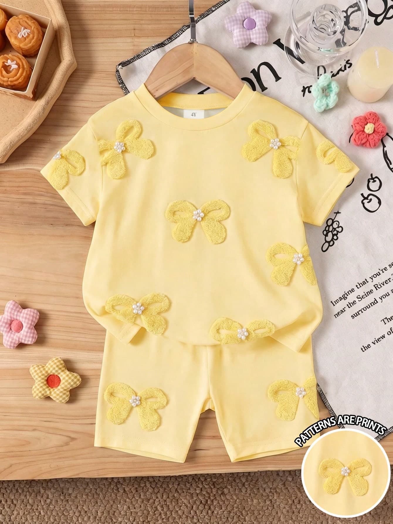 Souflis Souflis 2pcs Baby Girl Sweet Cute Bow Print Short Sleeve T-Shirt And Shorts Set, Suitable For Outings In Summer