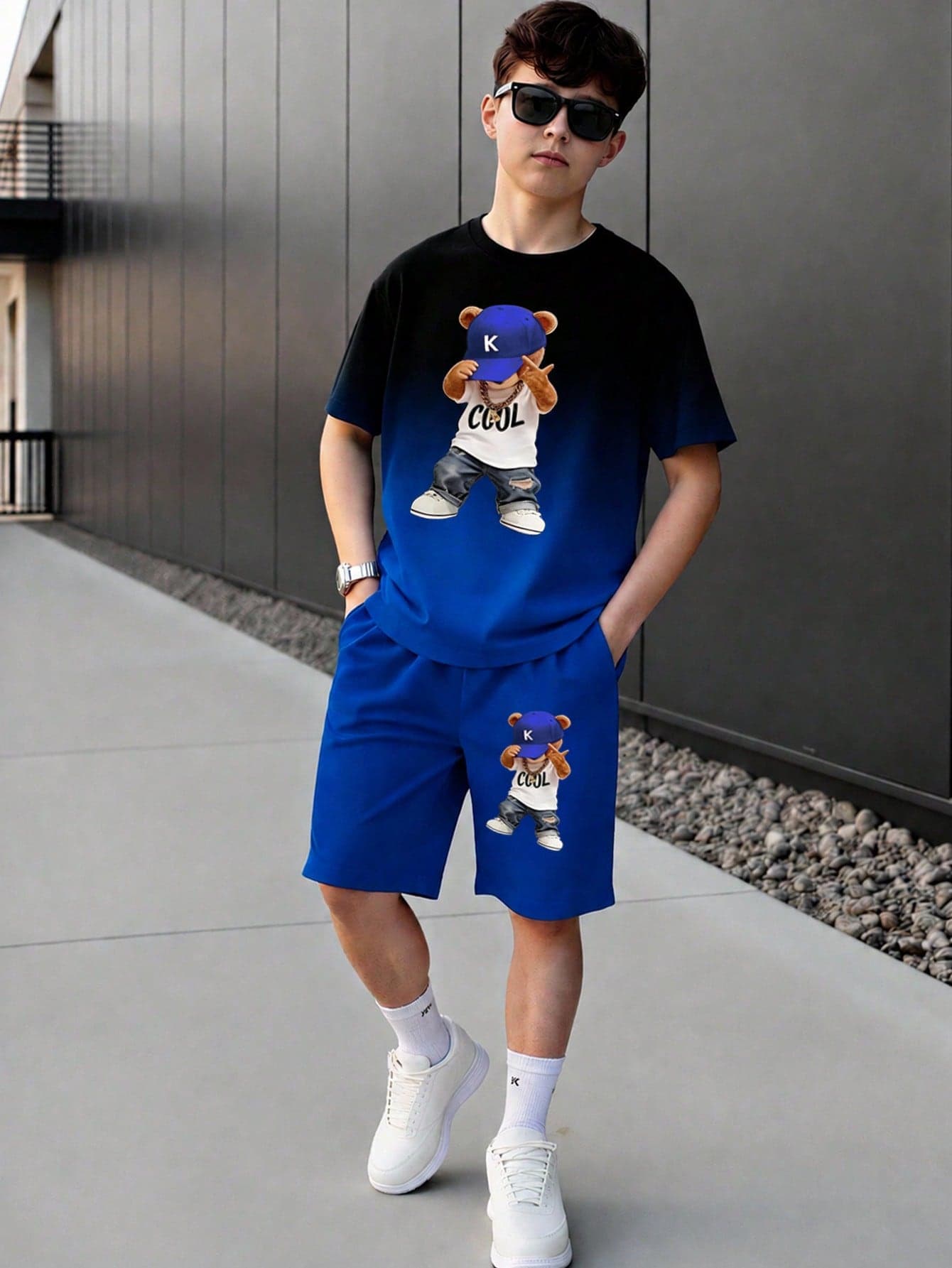 2pcs/Set Teenager Boys' Gradient Bear Streetwear Sports Short Sleeve Round Neck T-Shirt + Pocket Shorts, Spring/Summer