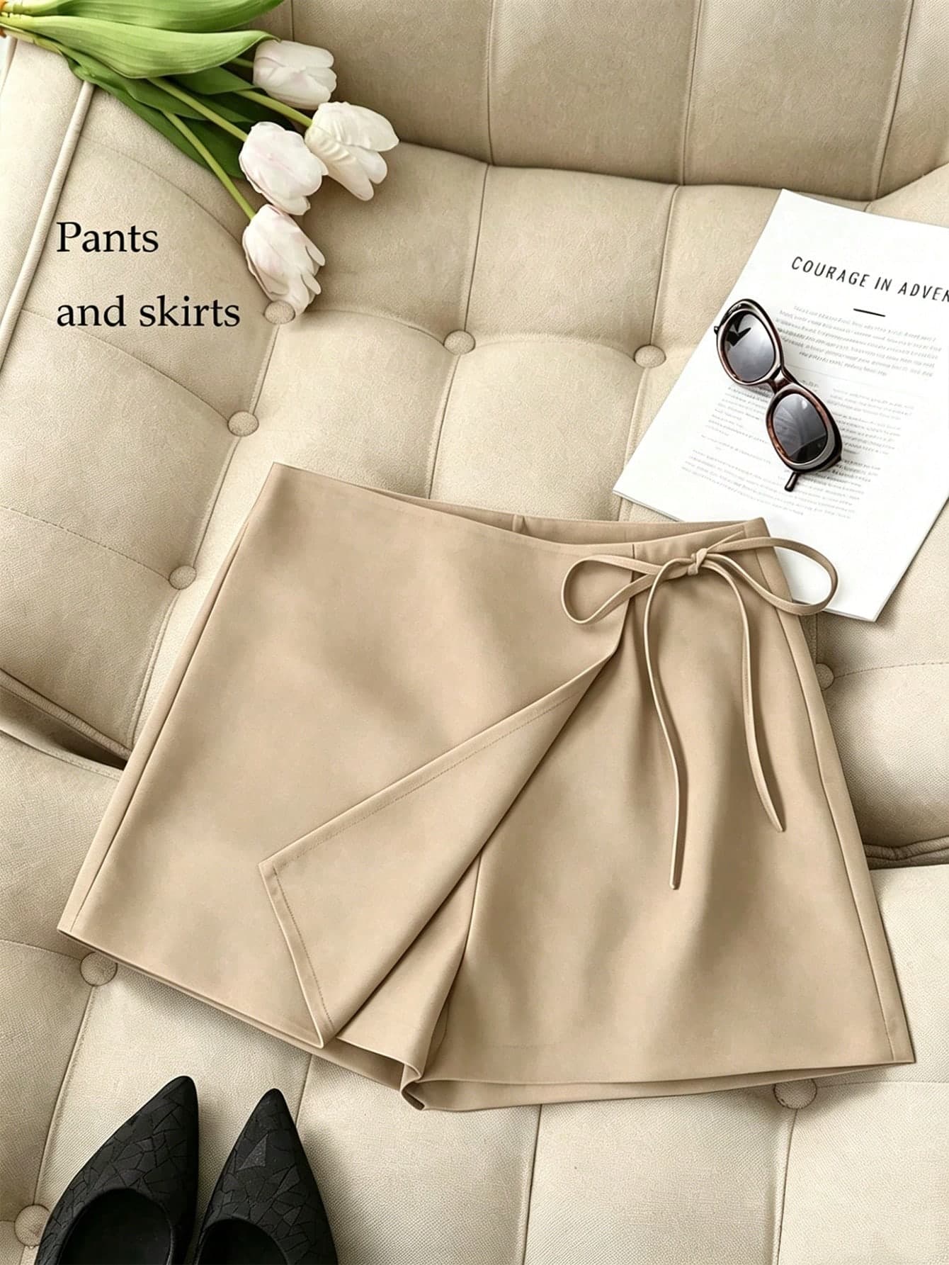 SHEIN Franclia Khaki,Summer,Elegant Women's Skorts Versatile Side Tie Asymmetric Hem Textured Woven Mini Skirt,Casual Fashion Date Work Shorts Bottoms Clothing