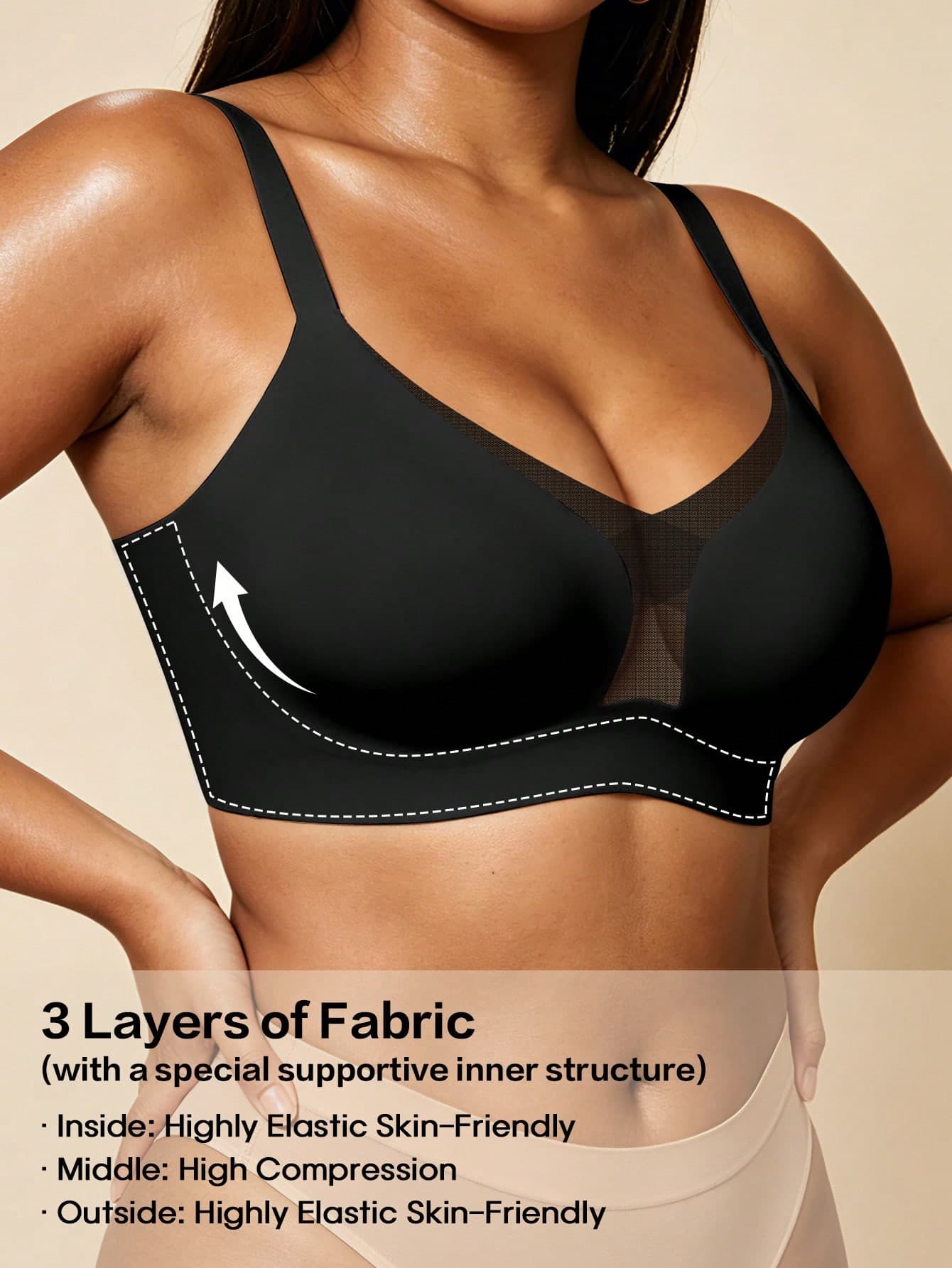 NudeFit Plus Size Seamless Wireless Bra, Supportive Gel Padded Soft Cup Mesh Comfortable Minimizer Bra Black Summer