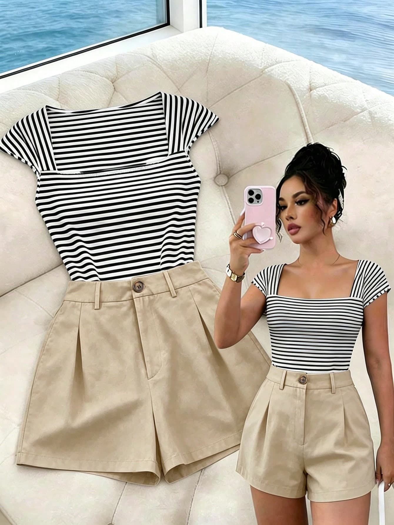 Franclia Summer Black And White Tie Dye Square Neck Top Pleated Shorts Two Piece Set.Elegant Coastal For Beer Fest Graduation Party Vacation Beach Women's