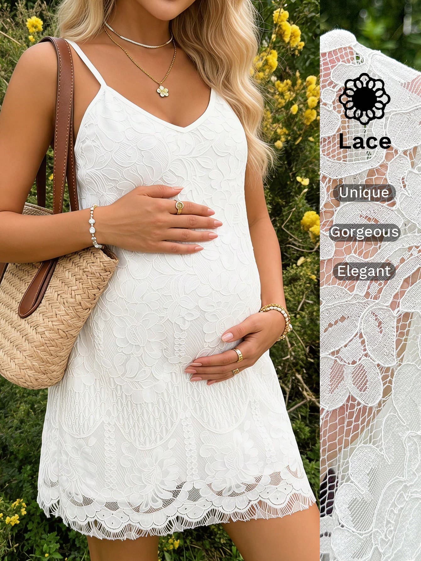 SHEIN Maternity Lace Elegant Slip Dress Summer Vacation Outfits Baby Shower Wedding Guest Photoshoot White Dresses