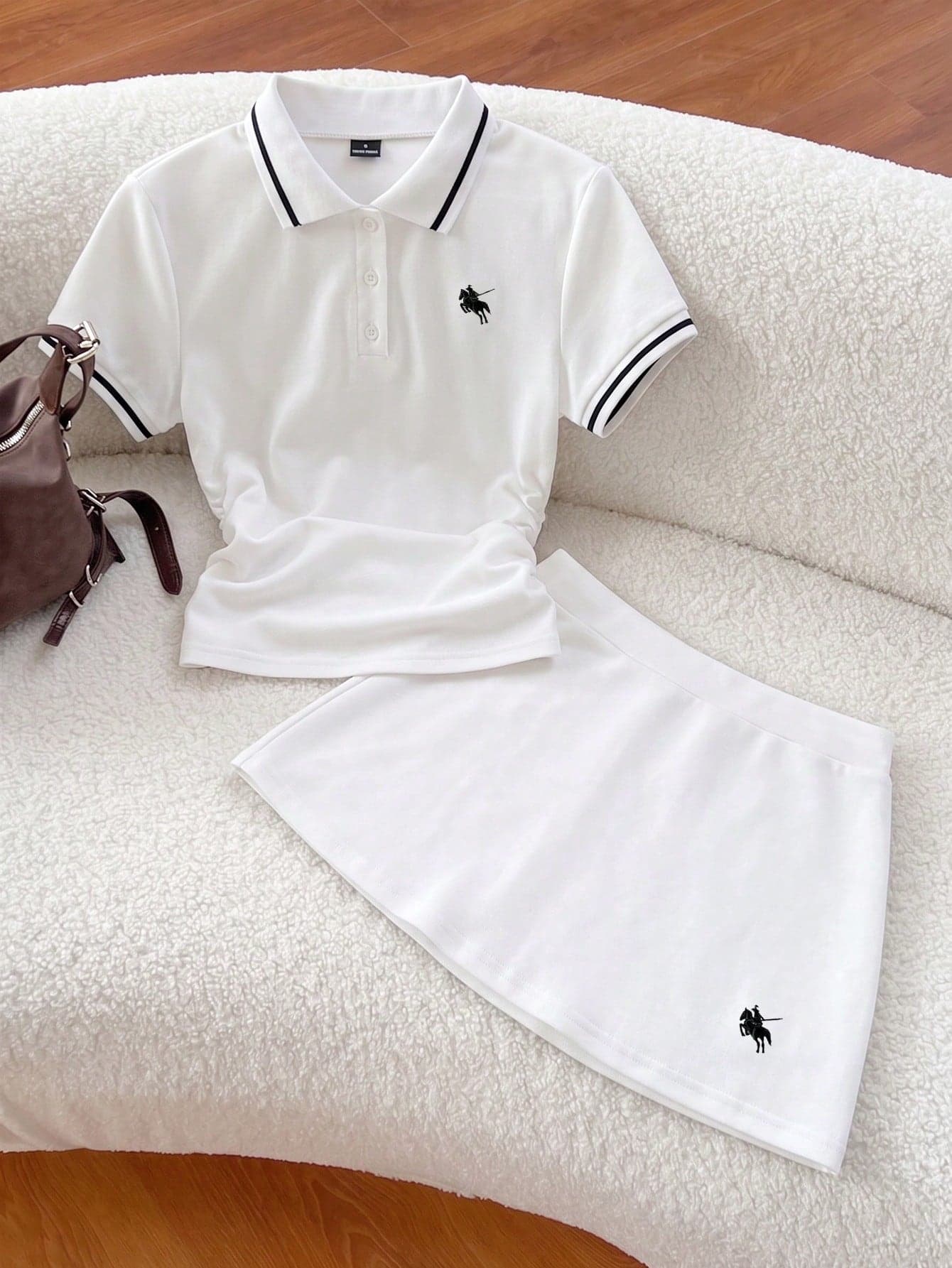 Elamini Spring & Summer Casual Collared Ruched T-Shirt And Embroidered A-Line Skirt 2-Piece Set, Navy Blue