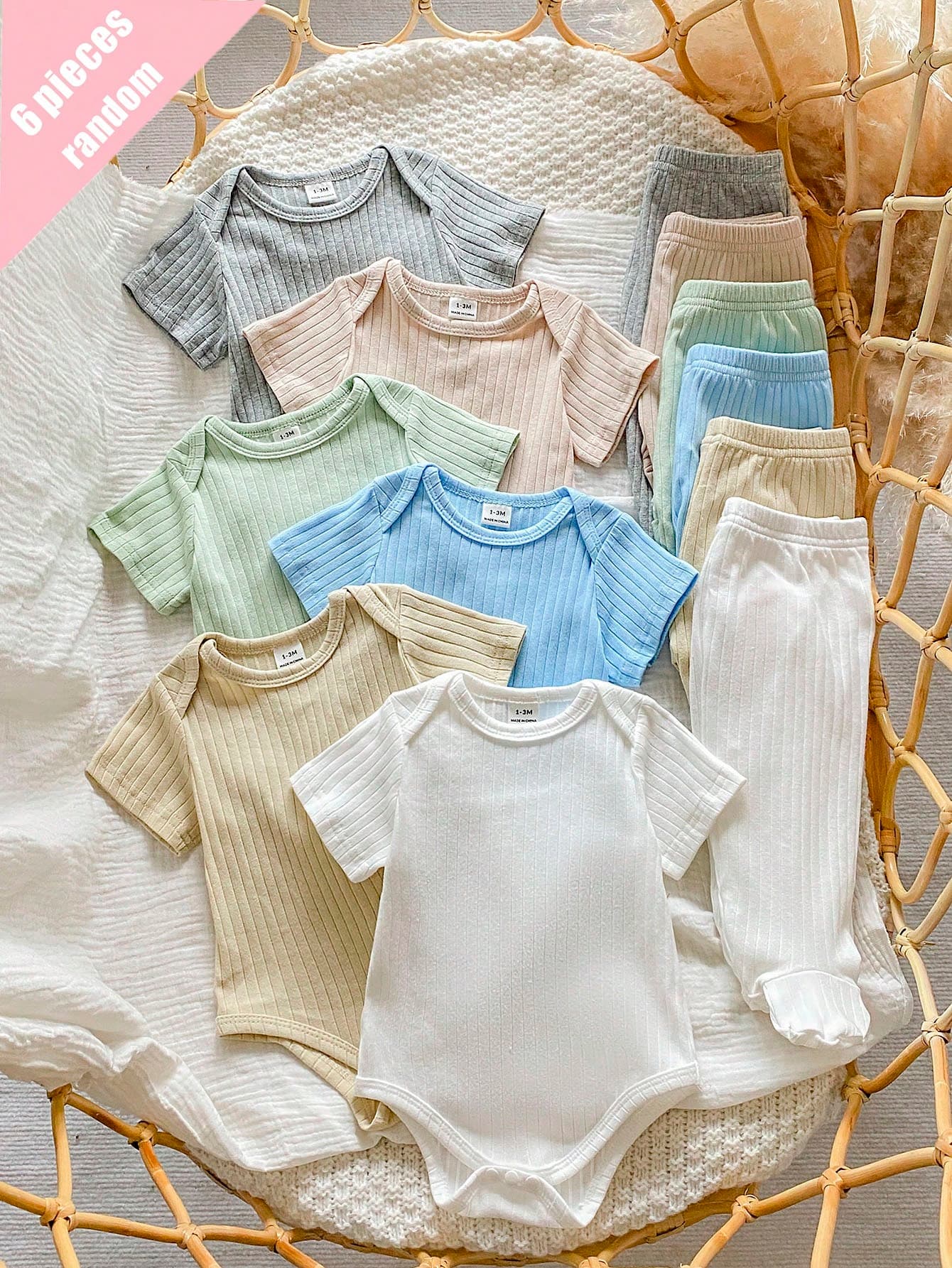SHEIN [3 Sets Random] Newborn Baby Cute Round Neck Short Sleeve & Long Pants Solid Ribbed Soft Knit All-Season Homewear White Mint Green Light Blue
