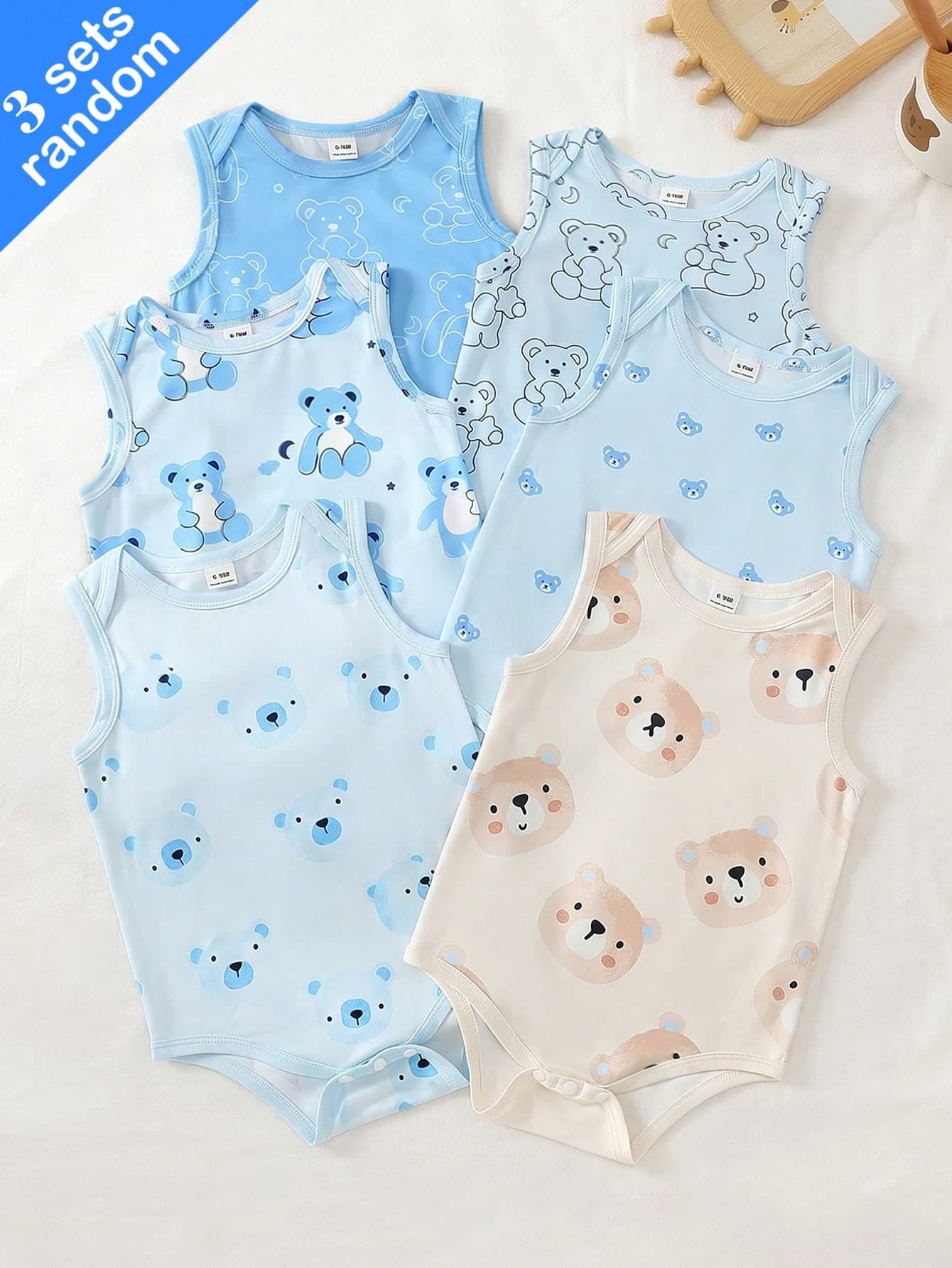 SHEIN Playful Pals 3 Sets Sent Newborn Baby Boys' Summer Sleeveless Romper Set Cute Cartoon Bear Print Soft Knit Daily Casual Aqua Blue Family Matching 3-Piece Set