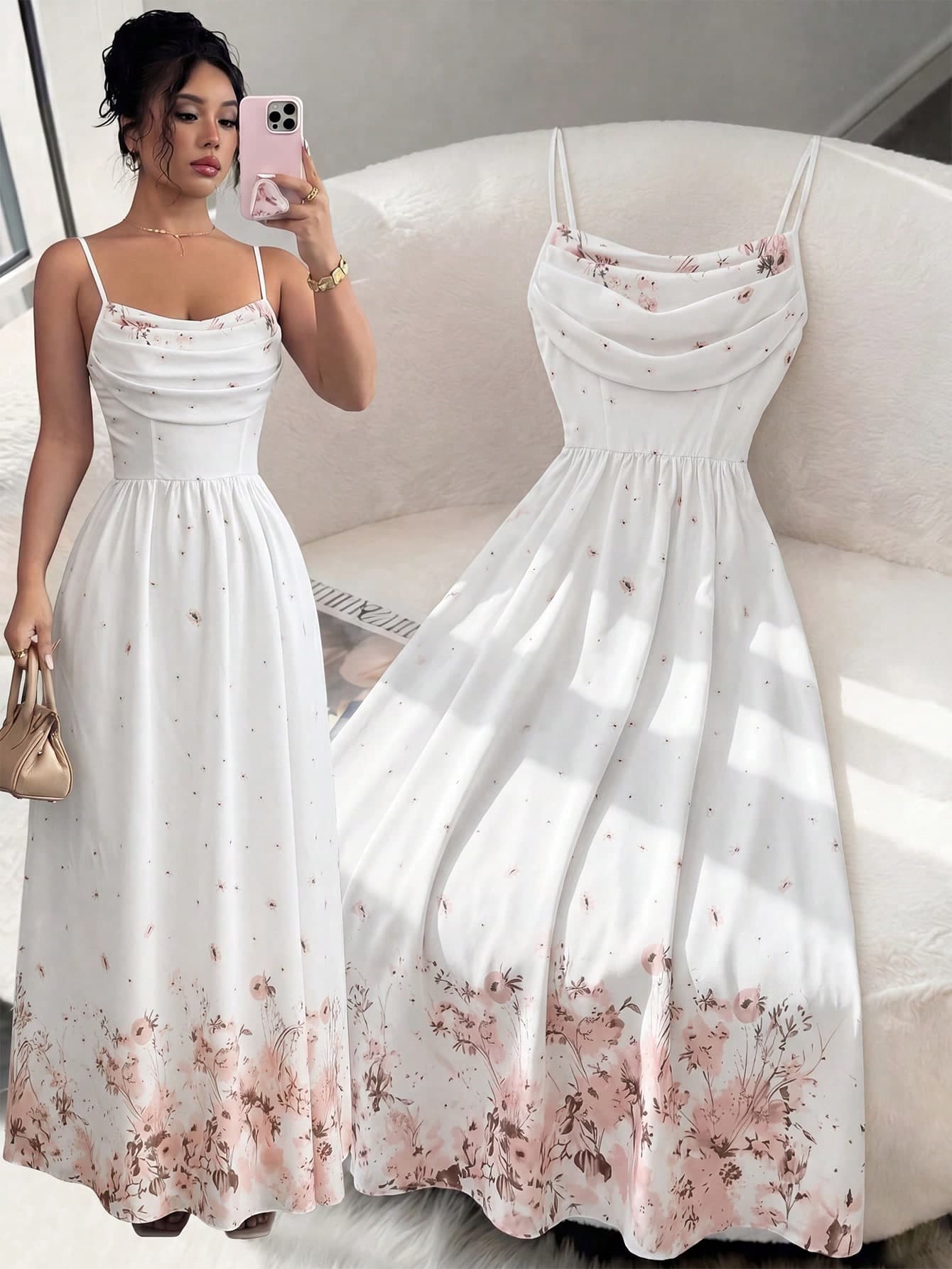 Elenzga Women's Elegant Romantic Chiffon Spaghetti Strap Waist Cinched Flowing Dress, Suitable For Wedding Guests, Sisters' Gathering
