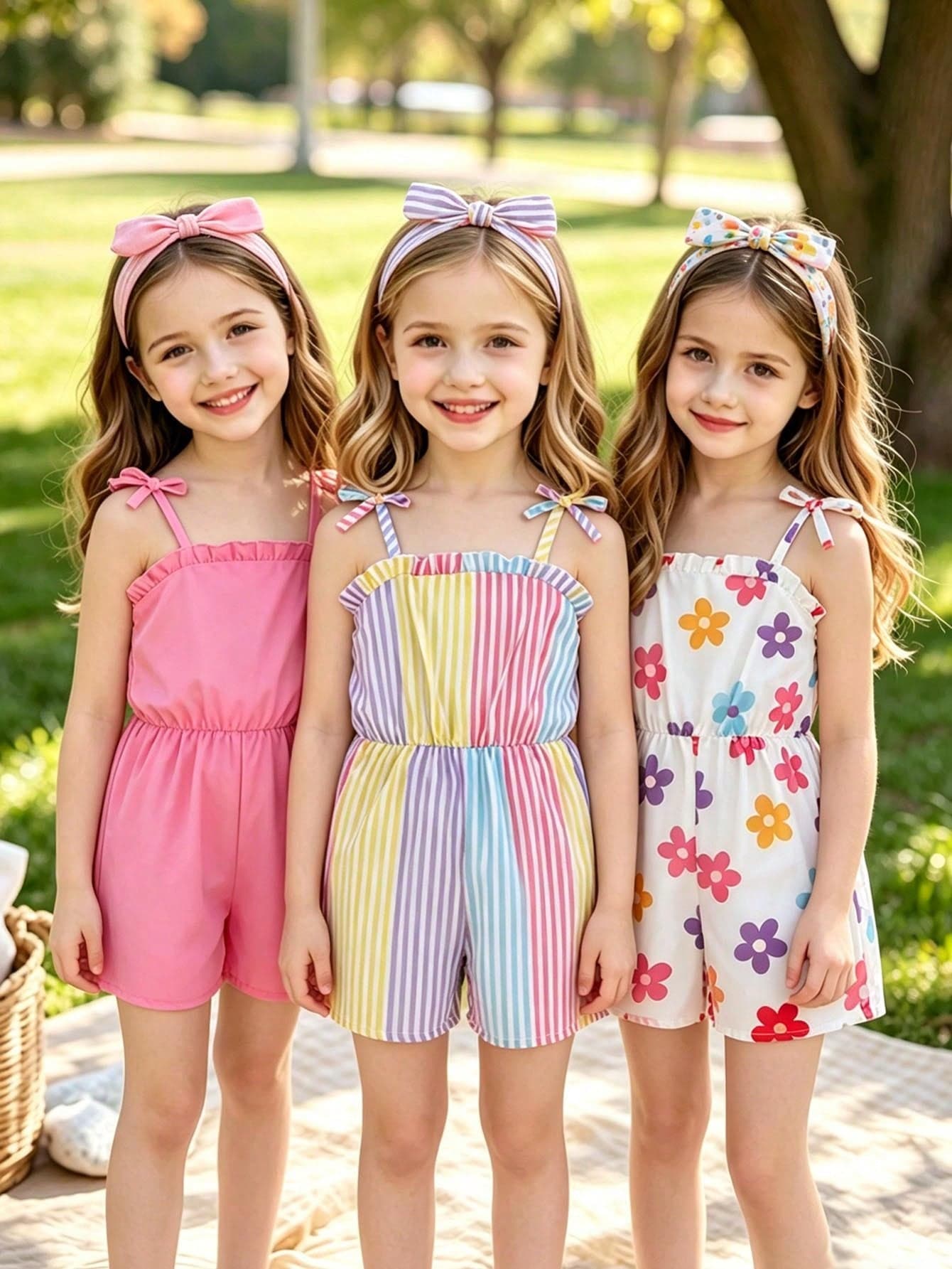 SHEIN Genkimix Kids 3pcs/Set Young Girls Rompers, Solid Color + Multi-Color Striped + Floral Digital Print, Suitable For Summer Daily Wear