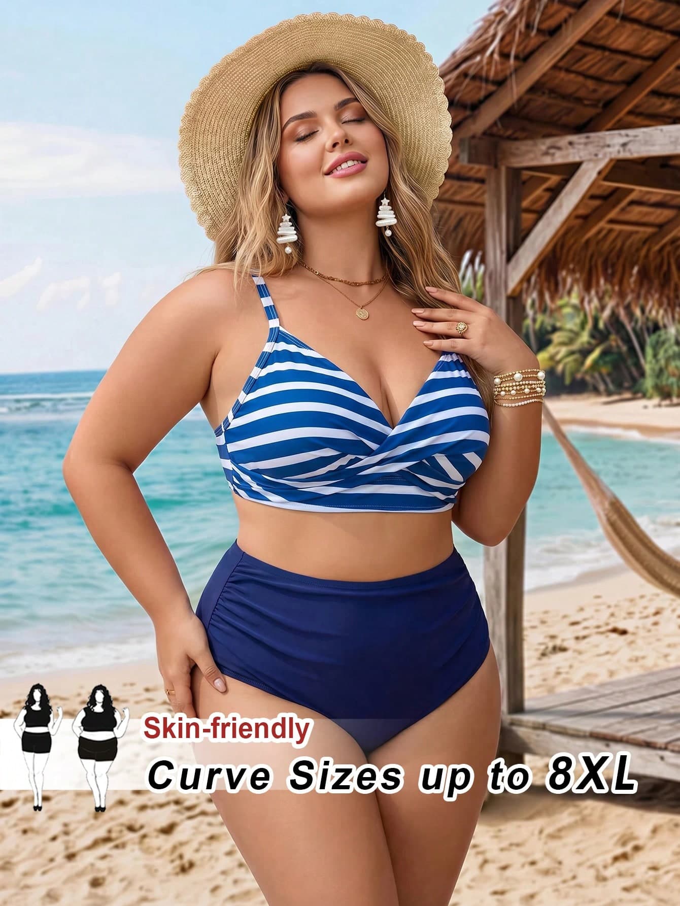 SHEIN CURVE+ 2026 NEW Plus Size Striped Print Padded Underwire Tankini Top With Solid High Waist Ruched Bottoms, Women Fashion Swimwear Set For Beach & Vacation