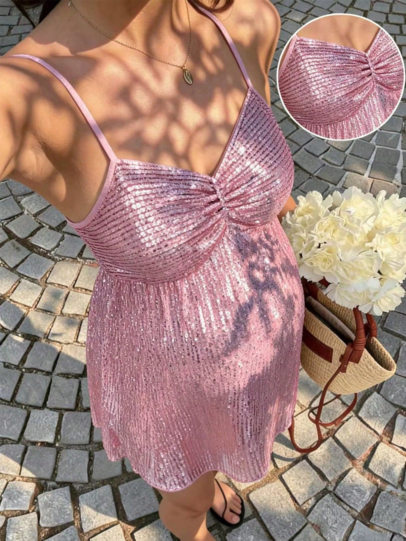 SHEIN Pink And Blue Maternity Pleated A-Line Sequin Camisole With Nursing Cup Design Outfits For Women Beach Baby Shower Photoshoot Gender Reveal Wedding