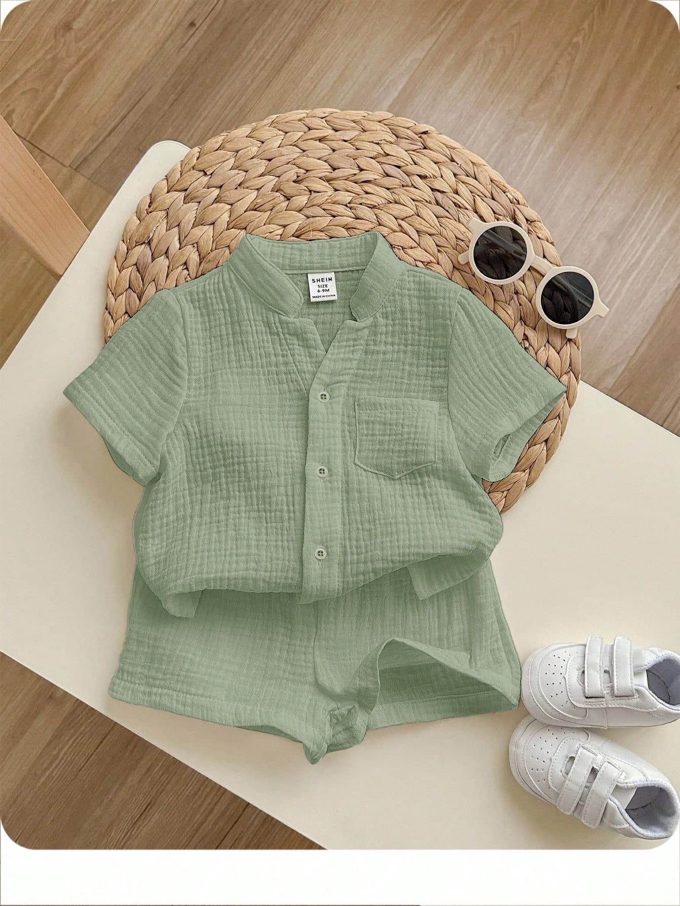 2pcs Baby Solid Color Round Neck Short Sleeve Cardigan Top And Elastic Waist Shorts Set, For Baby Boy Or Baby Girl,Kids