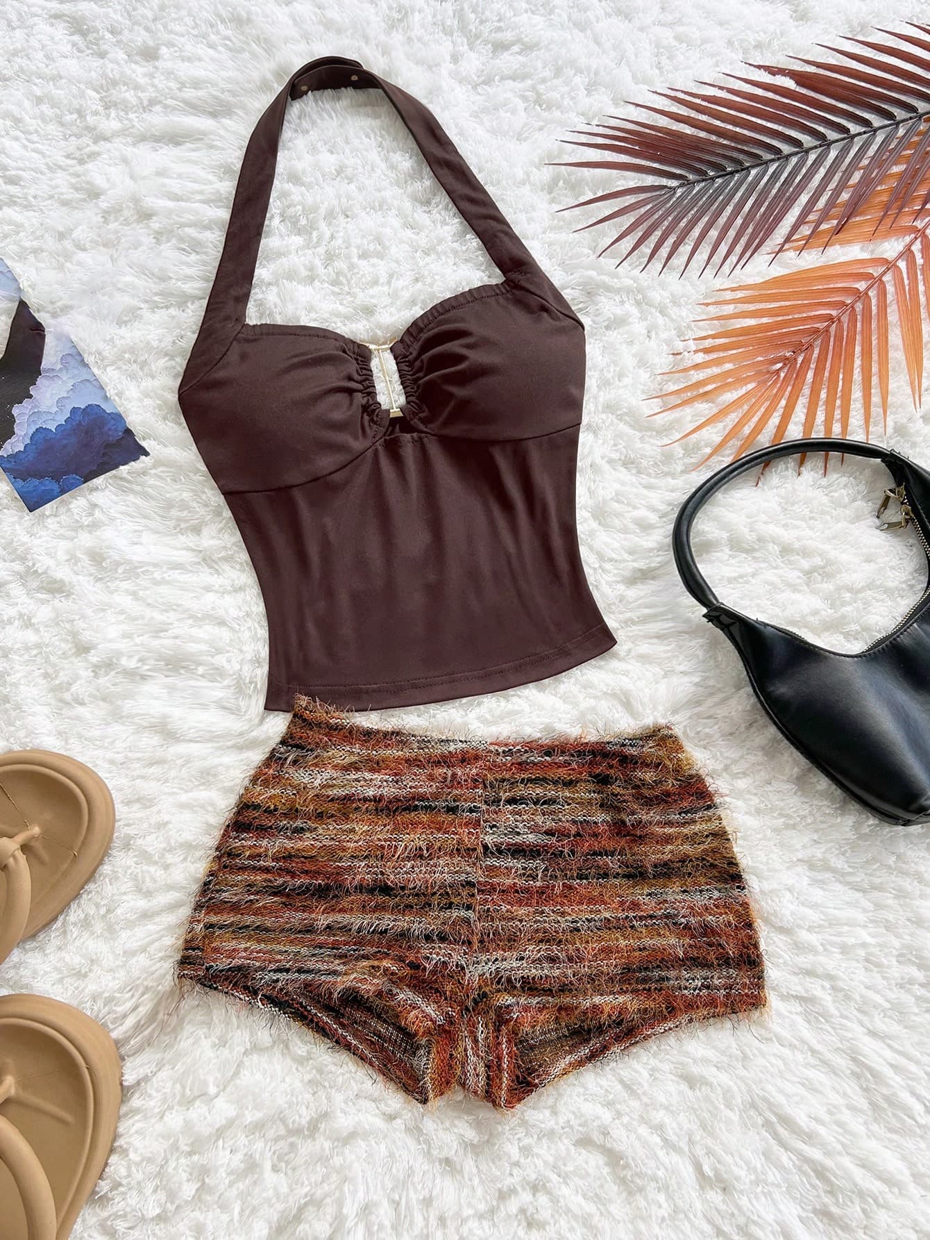 SHEIN Shades Of Brown,Summer,Funny,Vacation,Holiday Tween Girl 2pcs Set V-Neck Batwing Sleeve Blouse Khaki Belted Wide Leg Pants Peplum Top Back To School