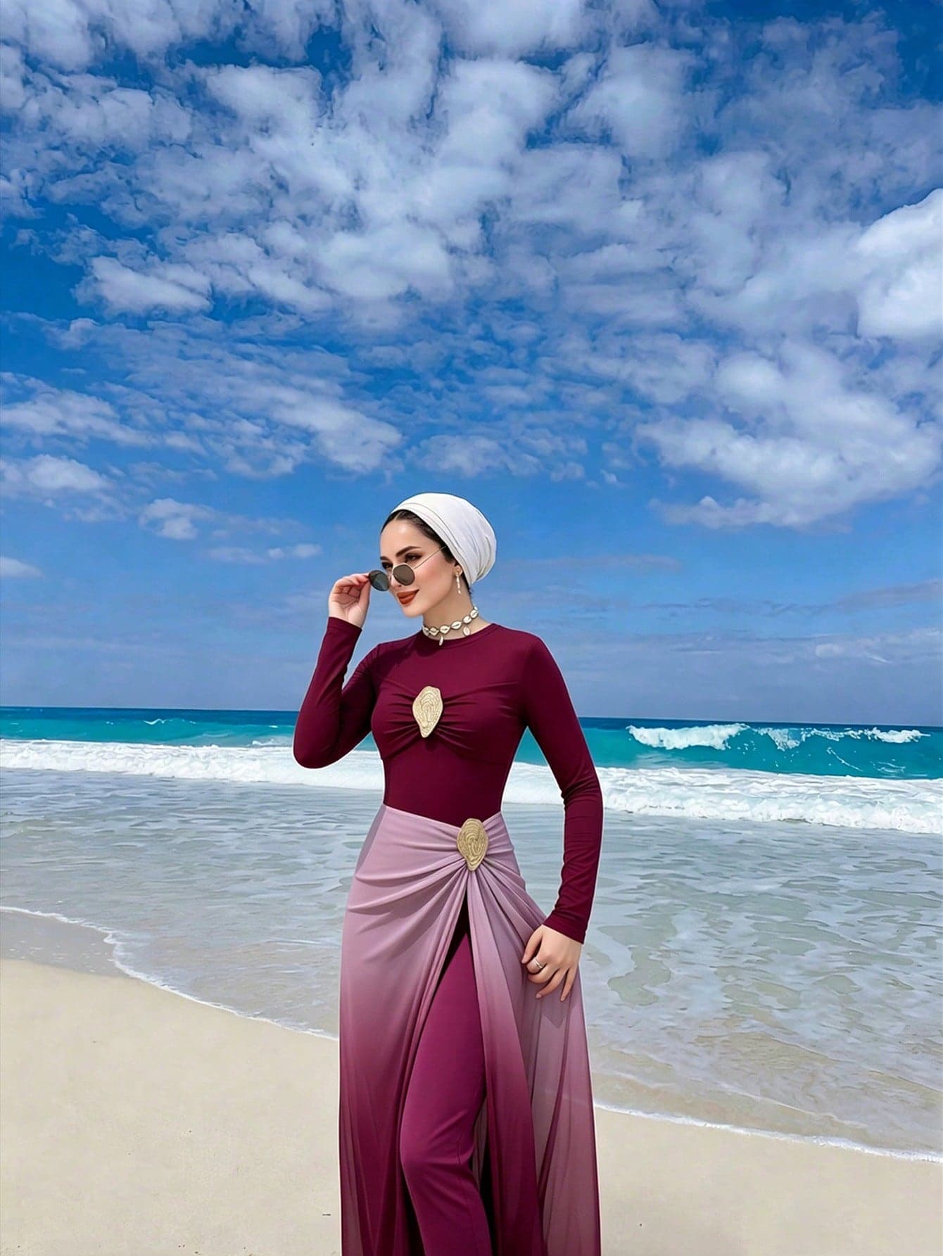 Swim Shayni Women's Solid Color Long Sleeve Metal Decor One-Piece Swimwear With Long Pants, Coverup, And Skirt Casual Burkini Set