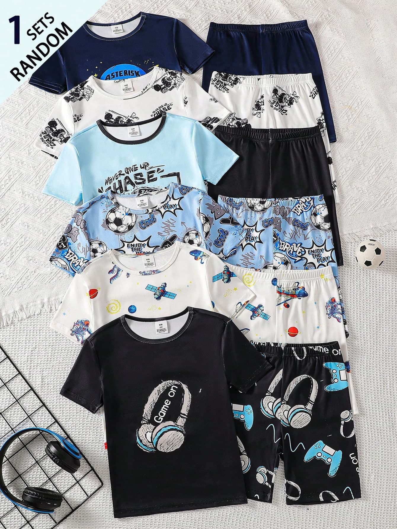 6pcs/Set Snug Fit Pajama, Short Sleeve & Shorts, Assorted Designs Including Baseball Cap, Spaceship, Starry Sky, Football, English Letters, Headphones, Gaming Console, Racing Car, Suitable For Teenage Boys Sleepwear & Loungewear