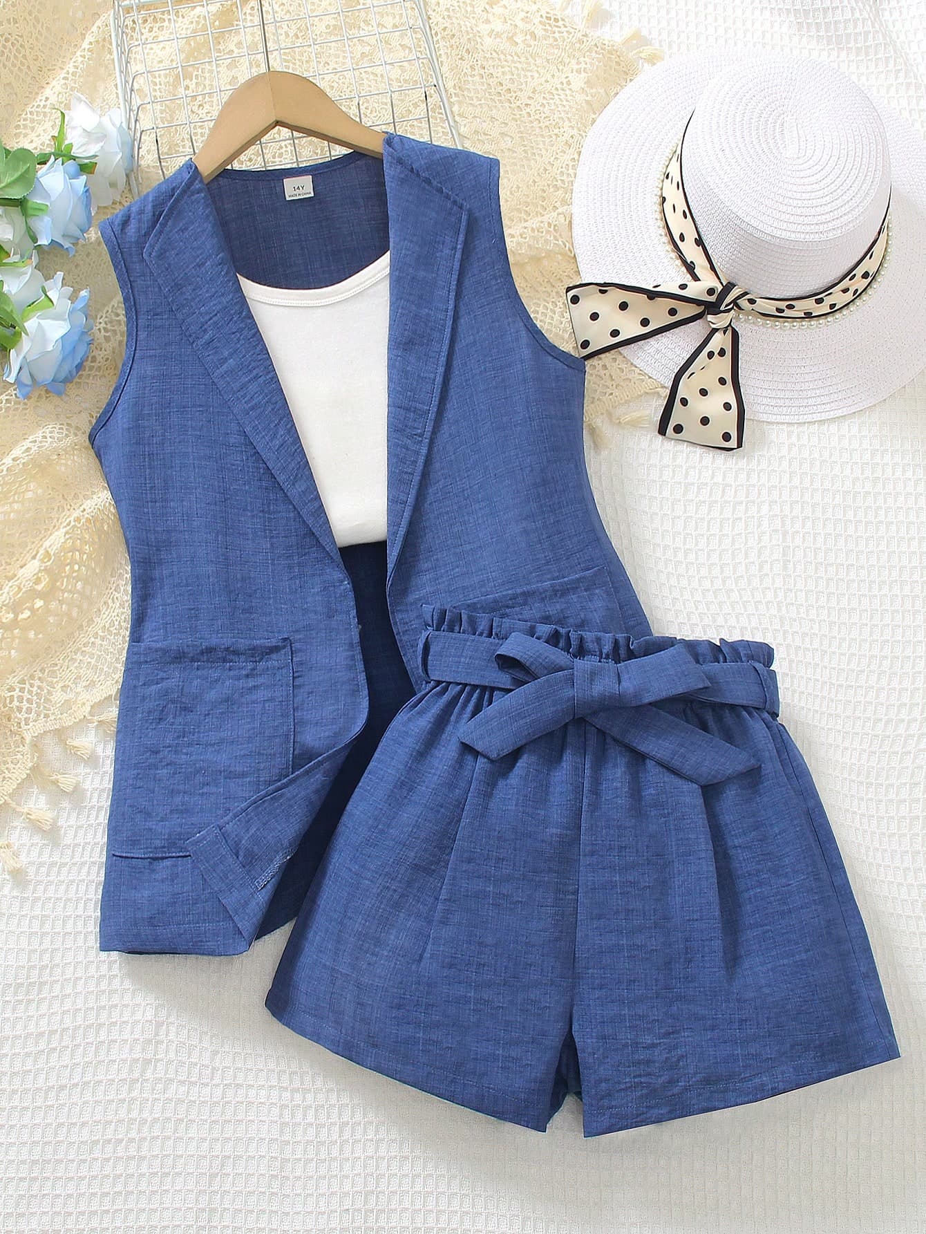 Teen Girls Sleeveless Vest Jacket Bow Waist Belt Shorts Casual Fashion Set For Daily Wear,Random 1pc Sent