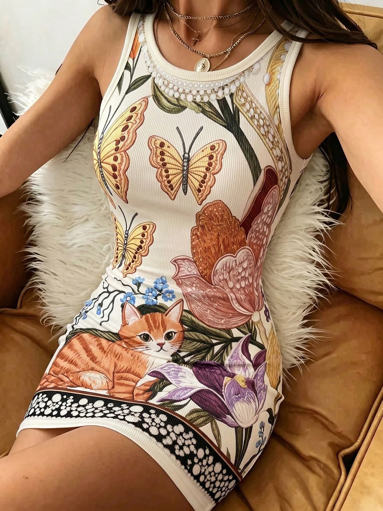 SHEIN LUNE Women's Floral Print Sleeveless Round Neck Vacation Dress Everyday Beige Summer Elegant