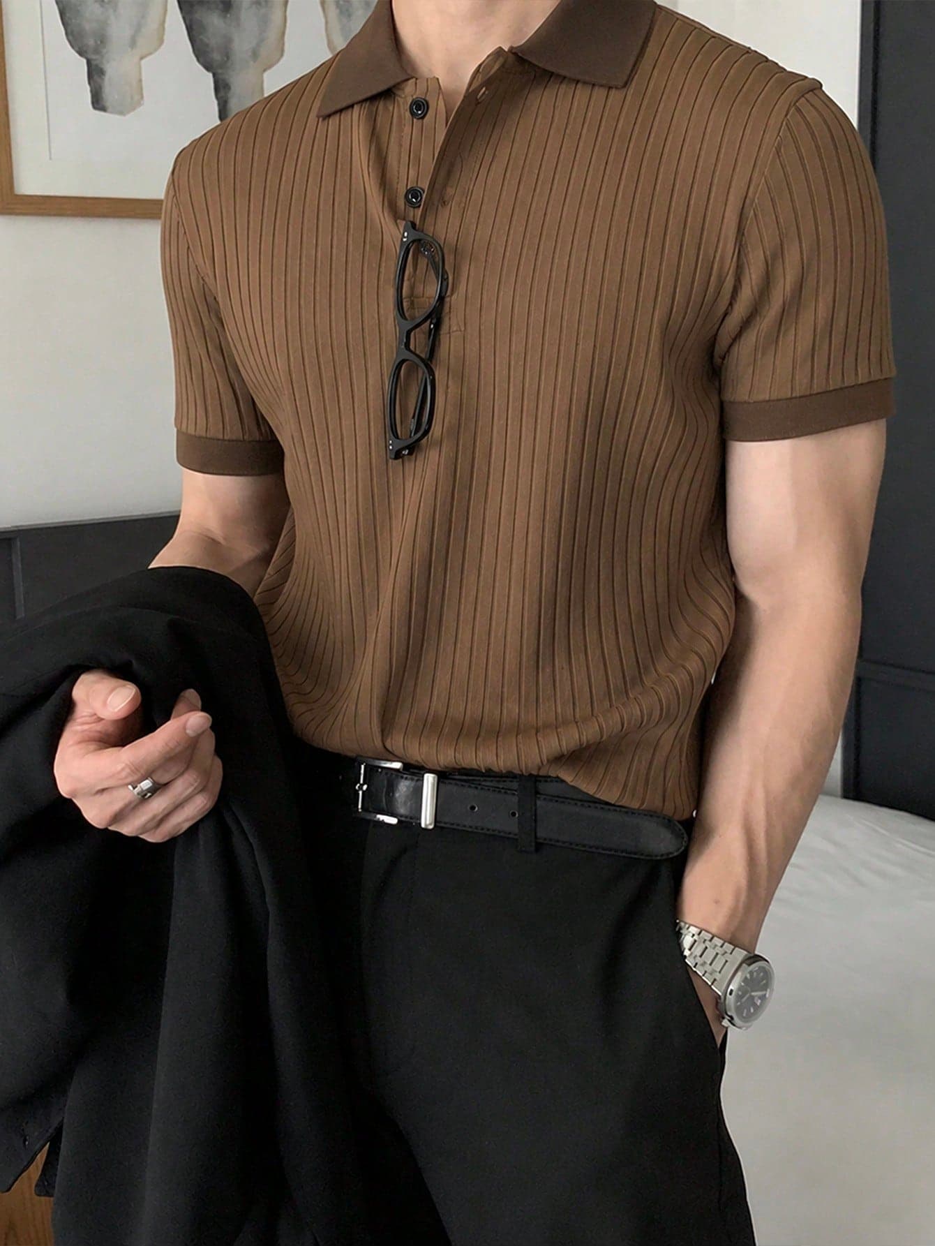 JOLTRO Men's Short Sleeve Ribbed Knit Polo Shirt, Old Money Style, Formal