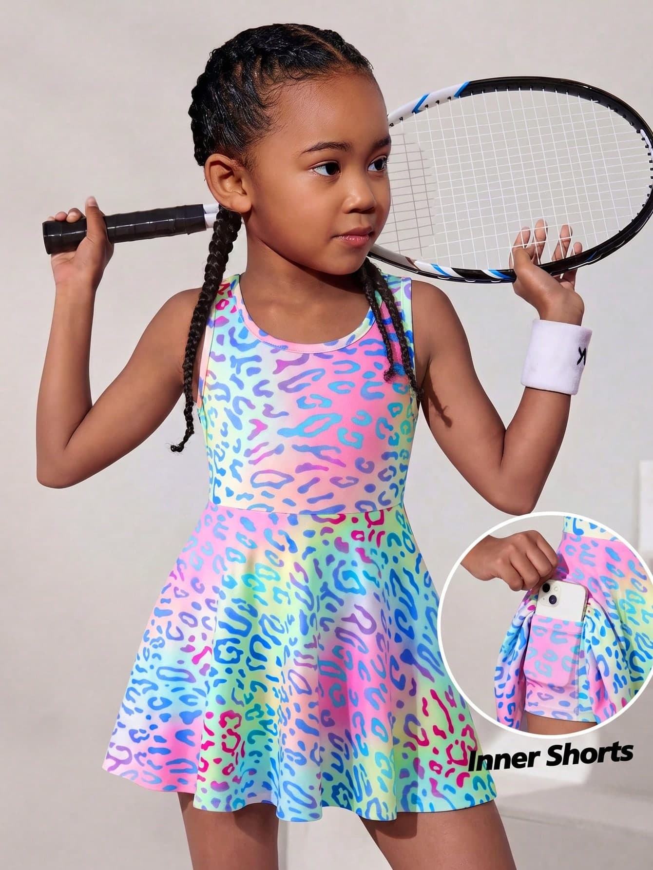 SHEIN Young Girl Tie-Dye Leopard Print Knit Camisole Dress Sportswear
