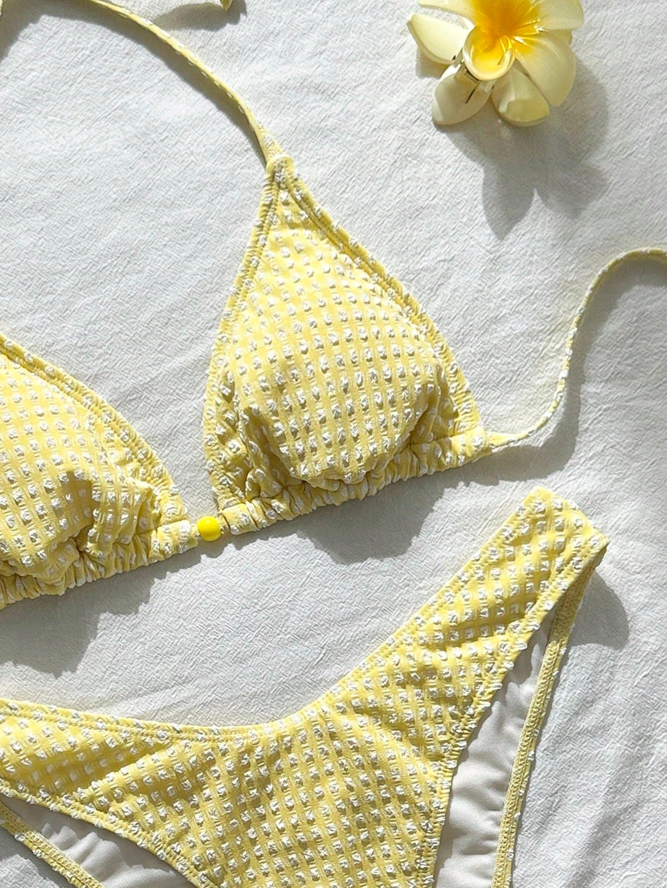 Swim Mod Women's Plaid Jacquard Halter Bikini Set, Spring/Summer Beach White Cute