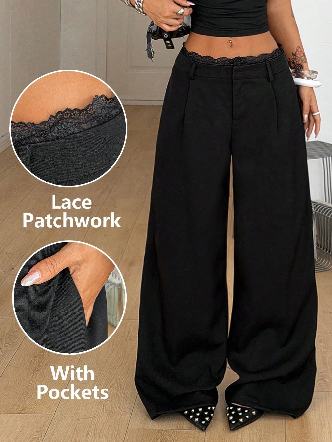 Coolane Women's Summer Streetwear Business Casual Elegant Date Night Office Wear Chic Minimalist Contrast Lace Black Pants