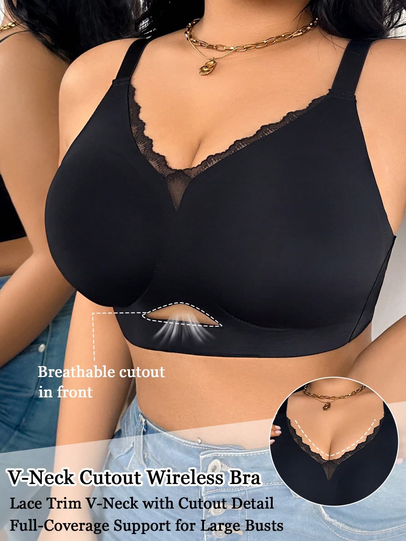 SHEIN Plus Size Deep V Lace Patchwork Seamless Bra