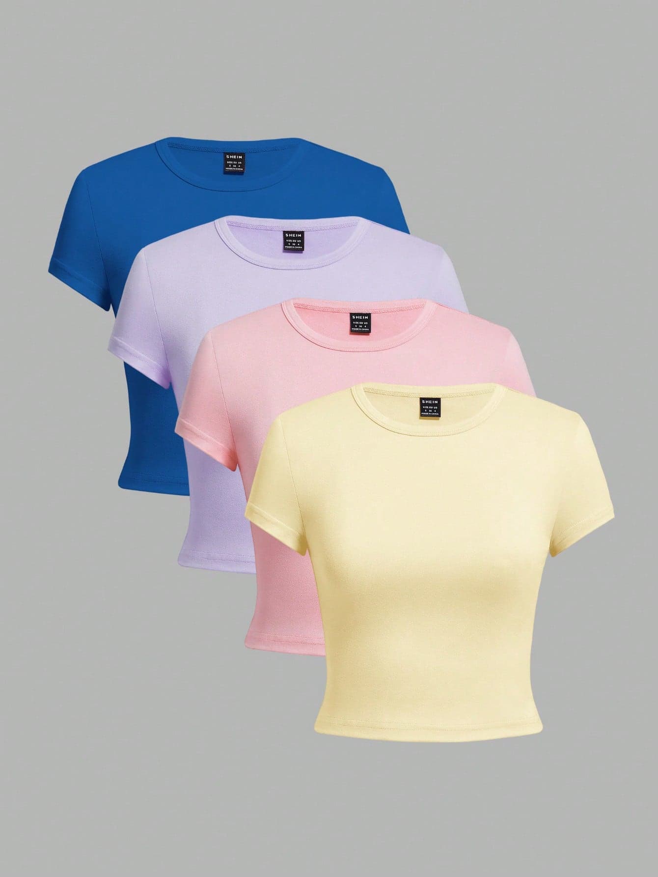 SHEIN EZwear 4pcs/Set Casual Round Neck Short Sleeve Fitted Women T-Shirts, Suitable For Summer, Top Back-To-School School Aqua Blue Light Pink Pastel Yellow