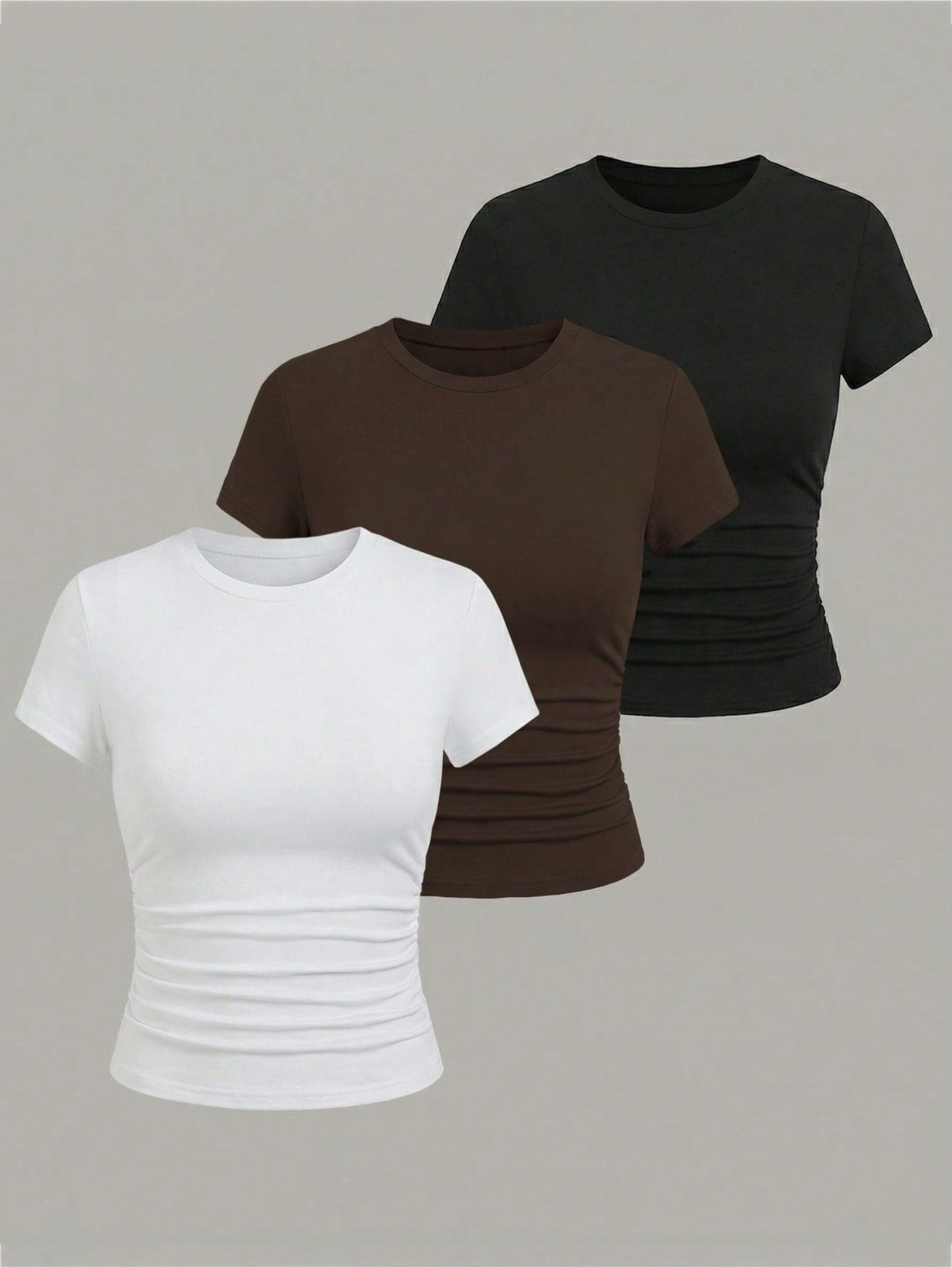 EMERY ROSE 3pcs Women's Casual Everyday Commute Minimalist Solid Color Ruched Fitted Short Sleeve T-Shirts