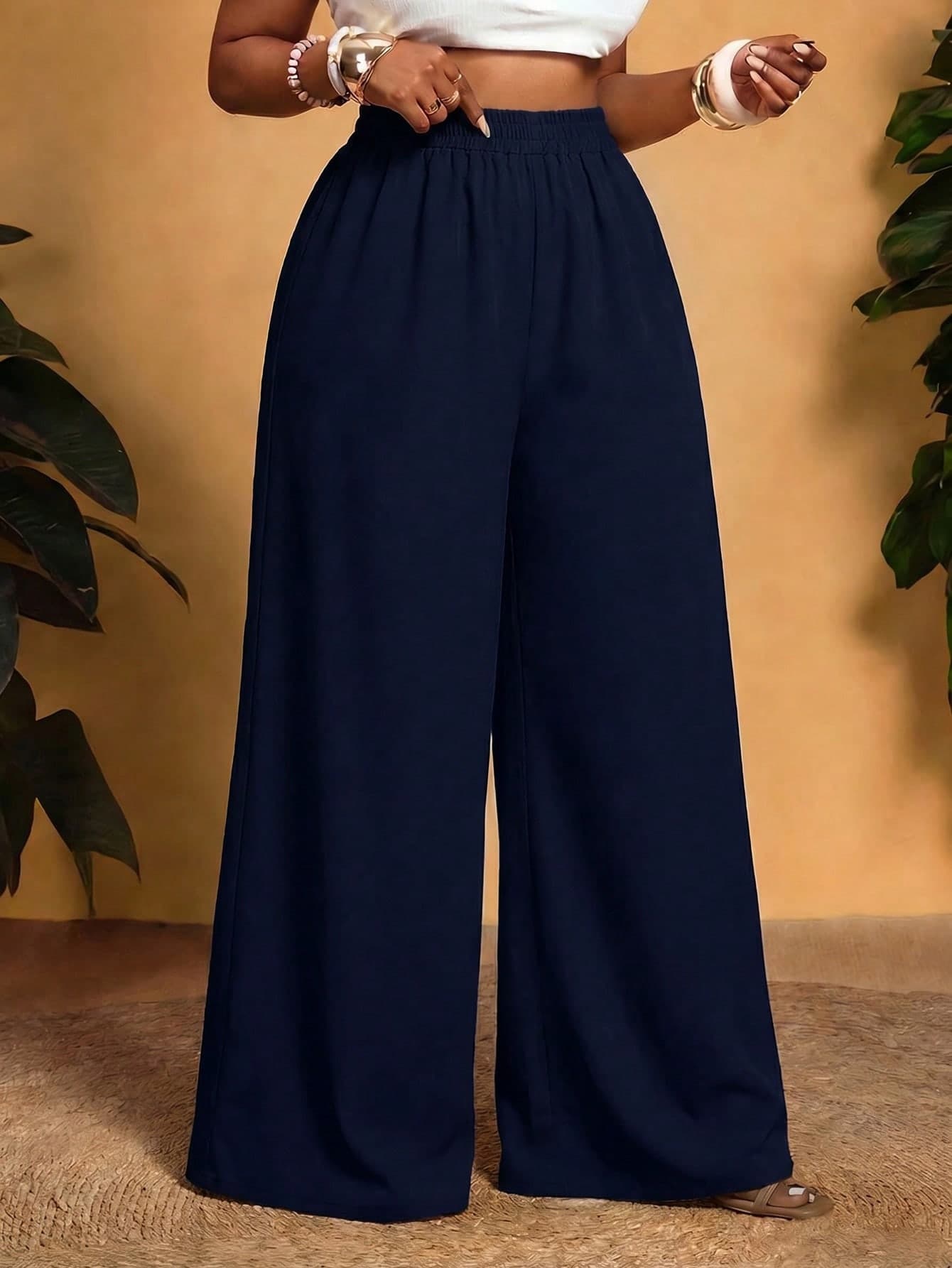 Veslaya Navy Blue Plus Size Casual Pants, Suitable For Summer Fall
