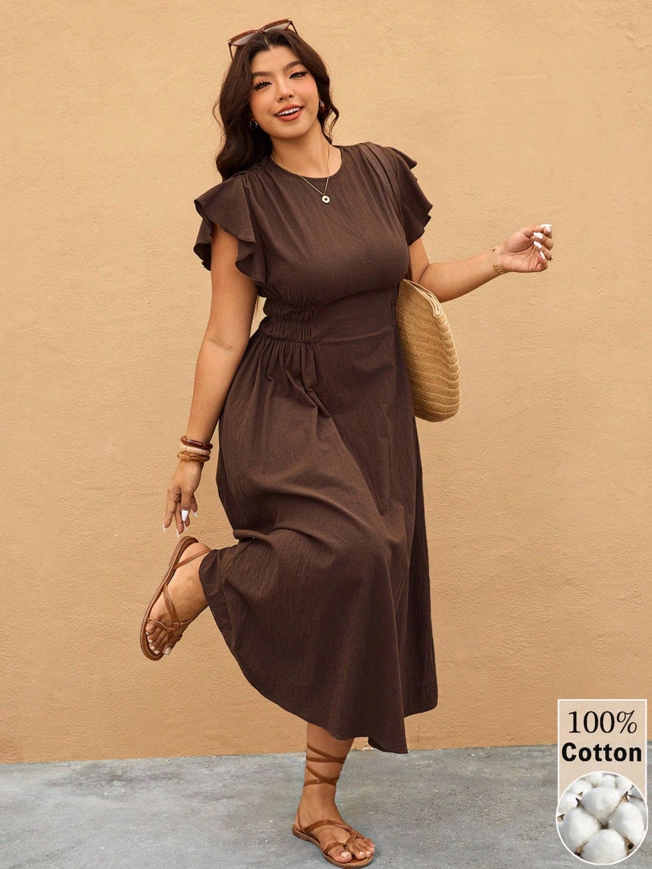 Elaquor Plus Size Casual Solid Color Flutter Sleeve Dress