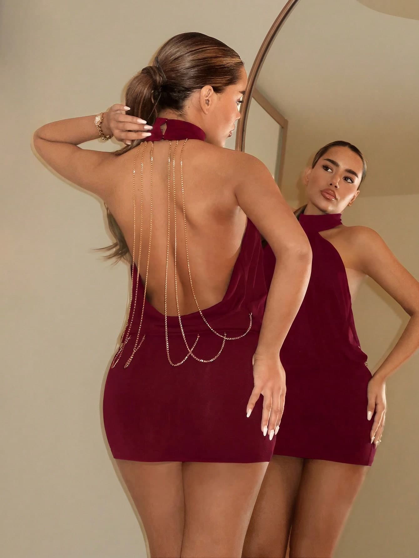 SHEIN ICON Solid Color Halter Backless Ruched Bodycon Mini Dress Club Club Night Night Out Club Night Night Out Club Night Night Out Night Burgundy Summer Sexy